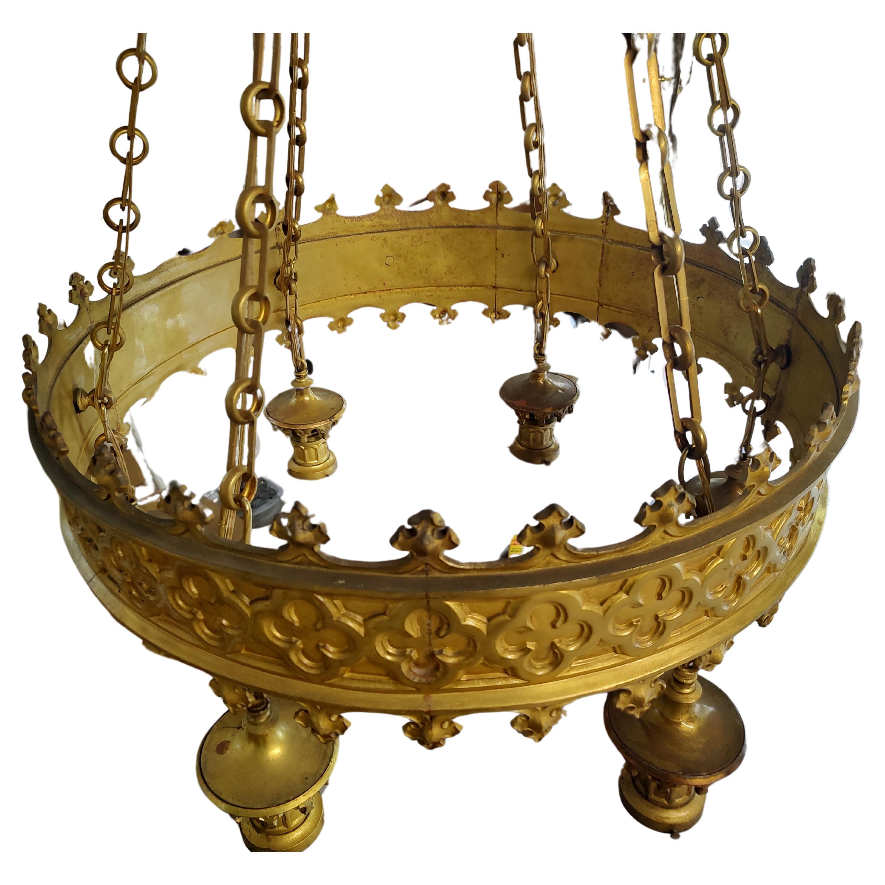 Early 20th Century Early 20thc Large Brass Gilt Gothic Style Chandelier Restored Theatre Lamp For Sale