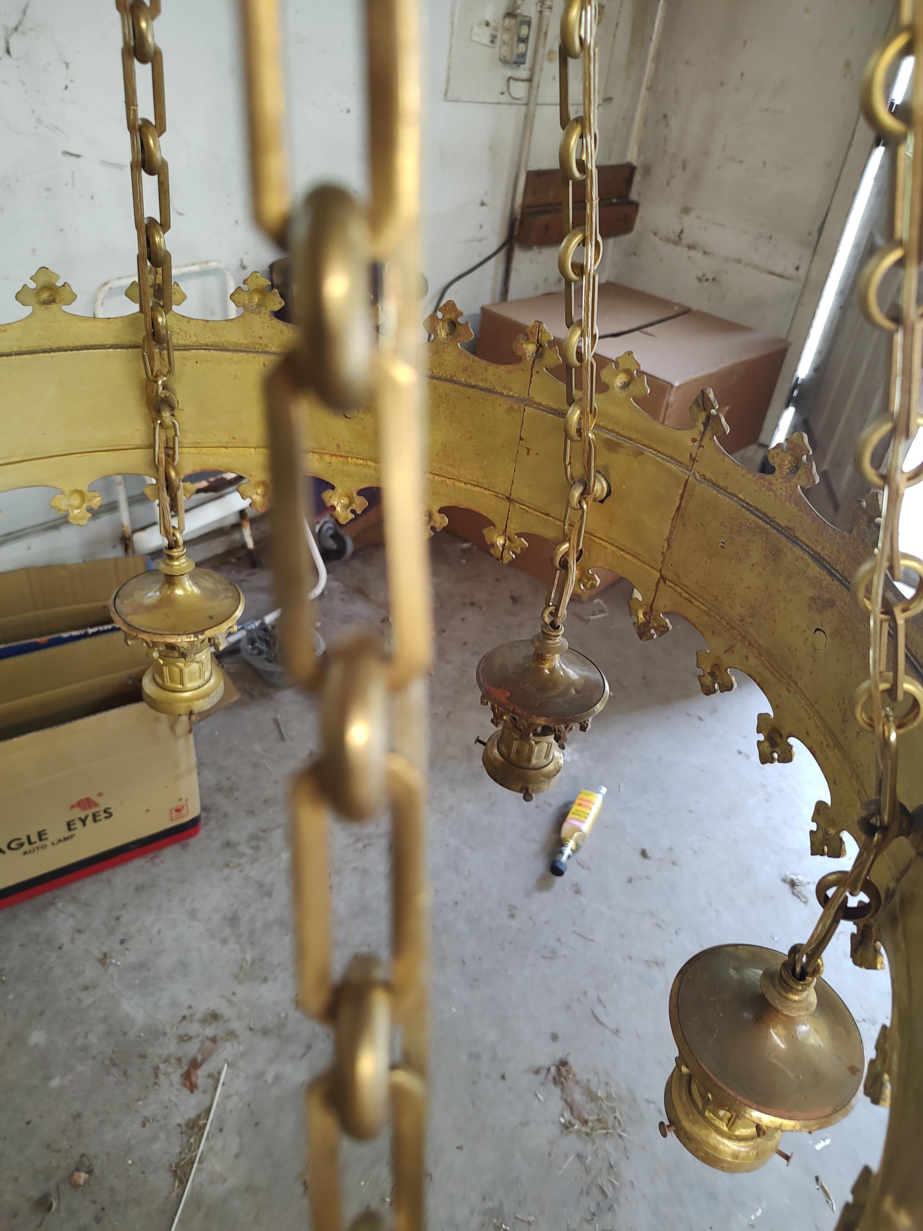 Early 20thc Large Brass Gilt Gothic Style Chandelier Restored Theatre Lamp For Sale 2