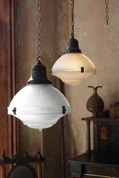 Early 20thC Med Holophane Prismatic Glass Three Part Pendants Lights 2 Available