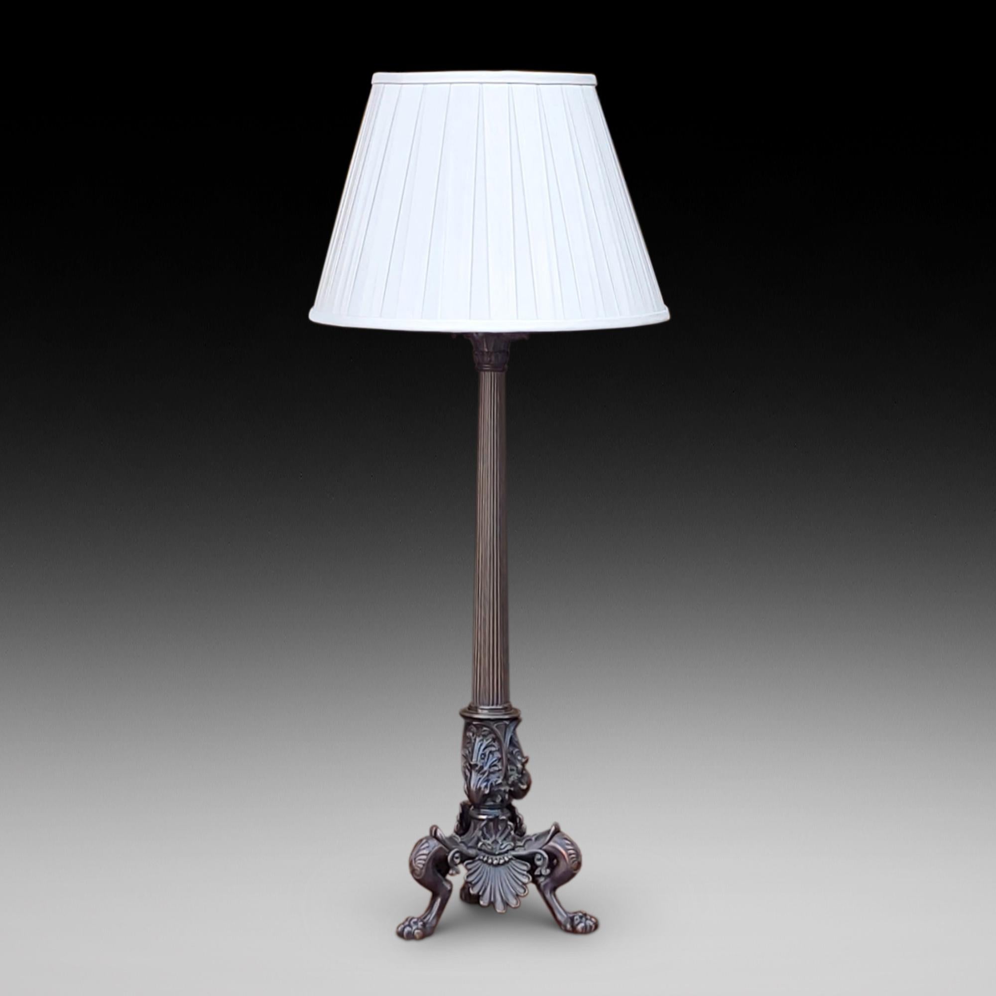 An early 20thC Neoclassical Bronze Lamp, in the form of a Corinthian Column on Anthemion Decorated Tripod Base in the form of Lions Legs - 14