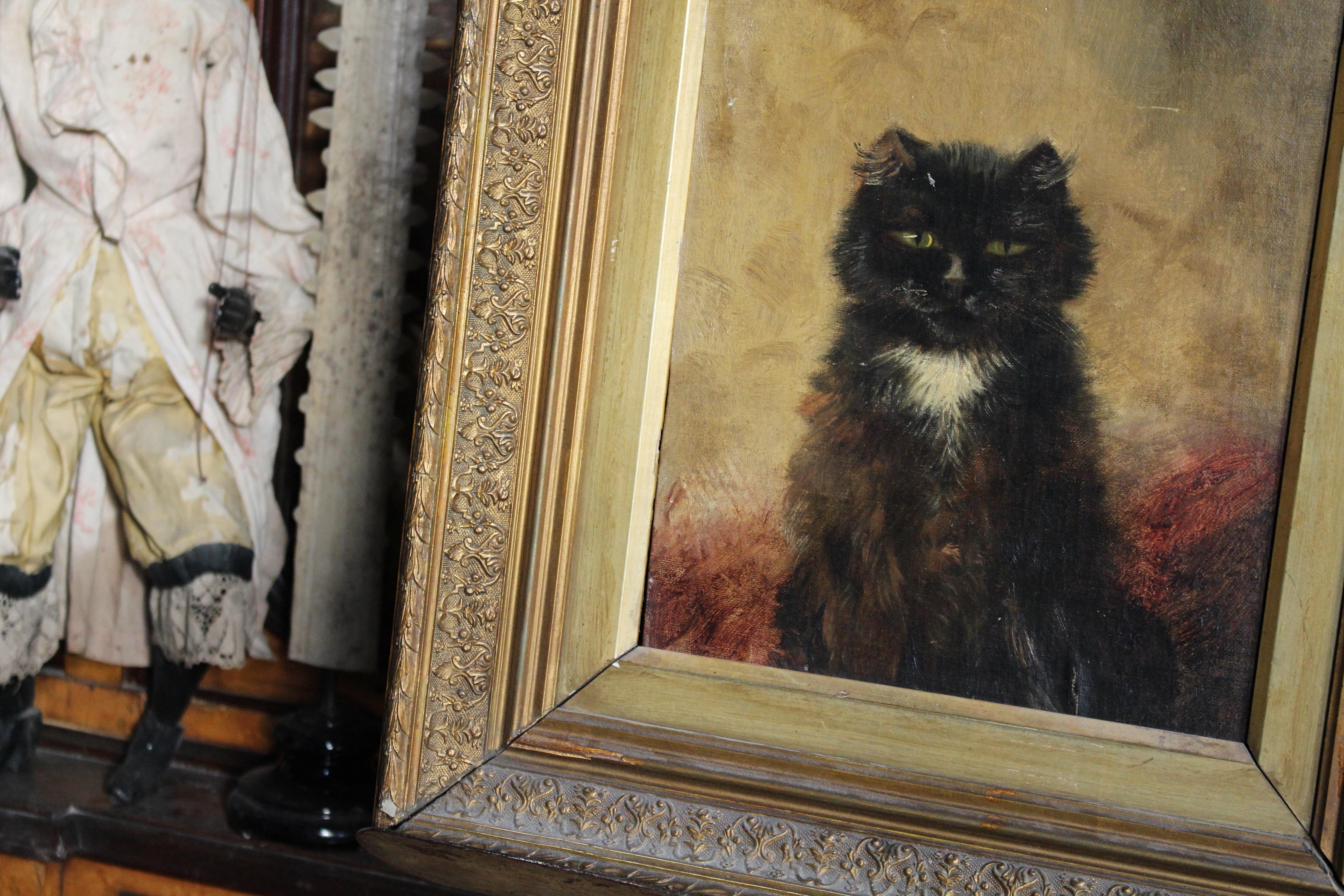 Early 20thC Oil on Canvas Circle of Henriette Ronner-Knip Mischievous Black Cat In Good Condition In Lowestoft, GB