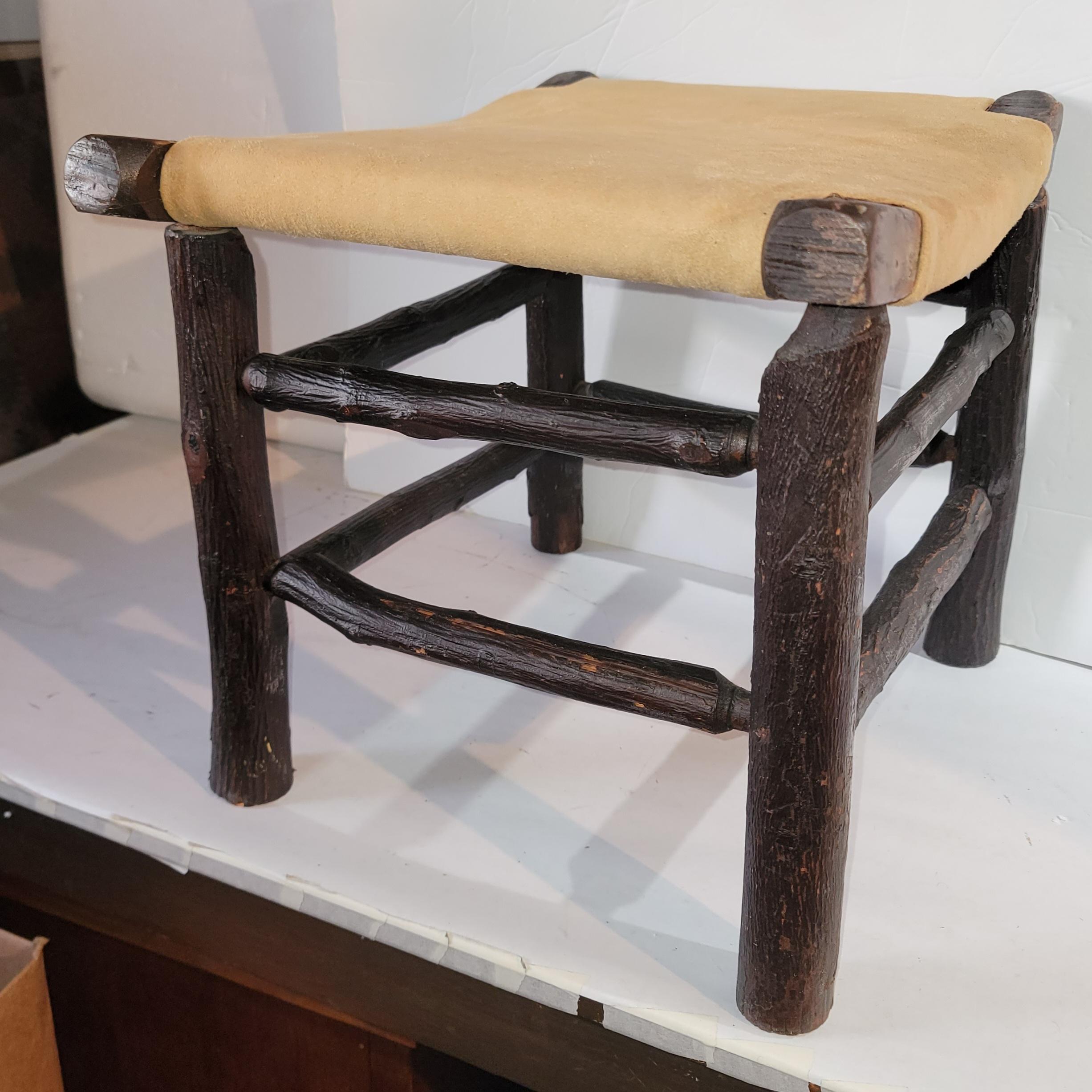Adirondack Early 20th Century Old Hickory Foot Stools with Suede Seat For Sale