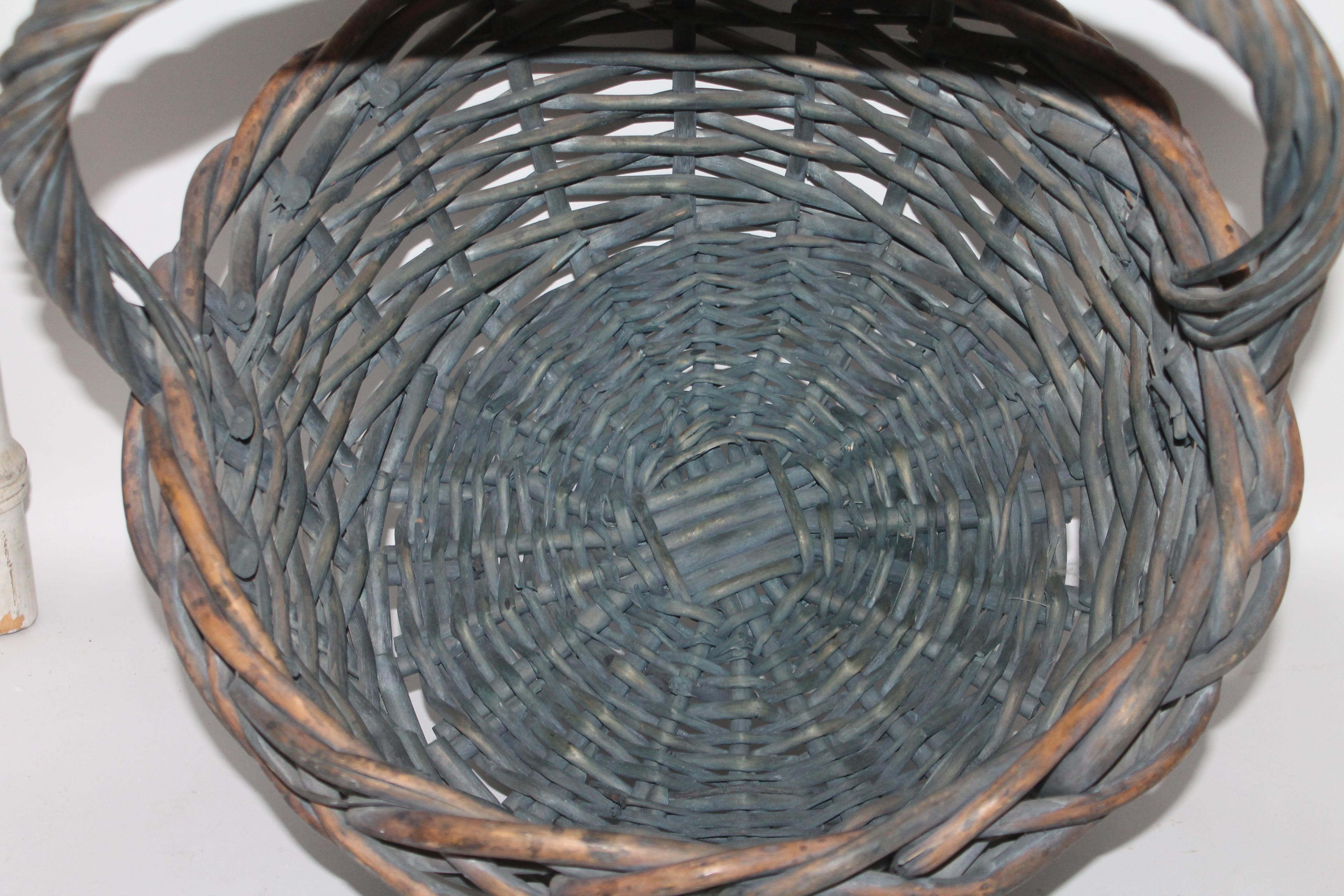 Adirondack Early 20th Century Original Blue Painted Handled Basket For Sale