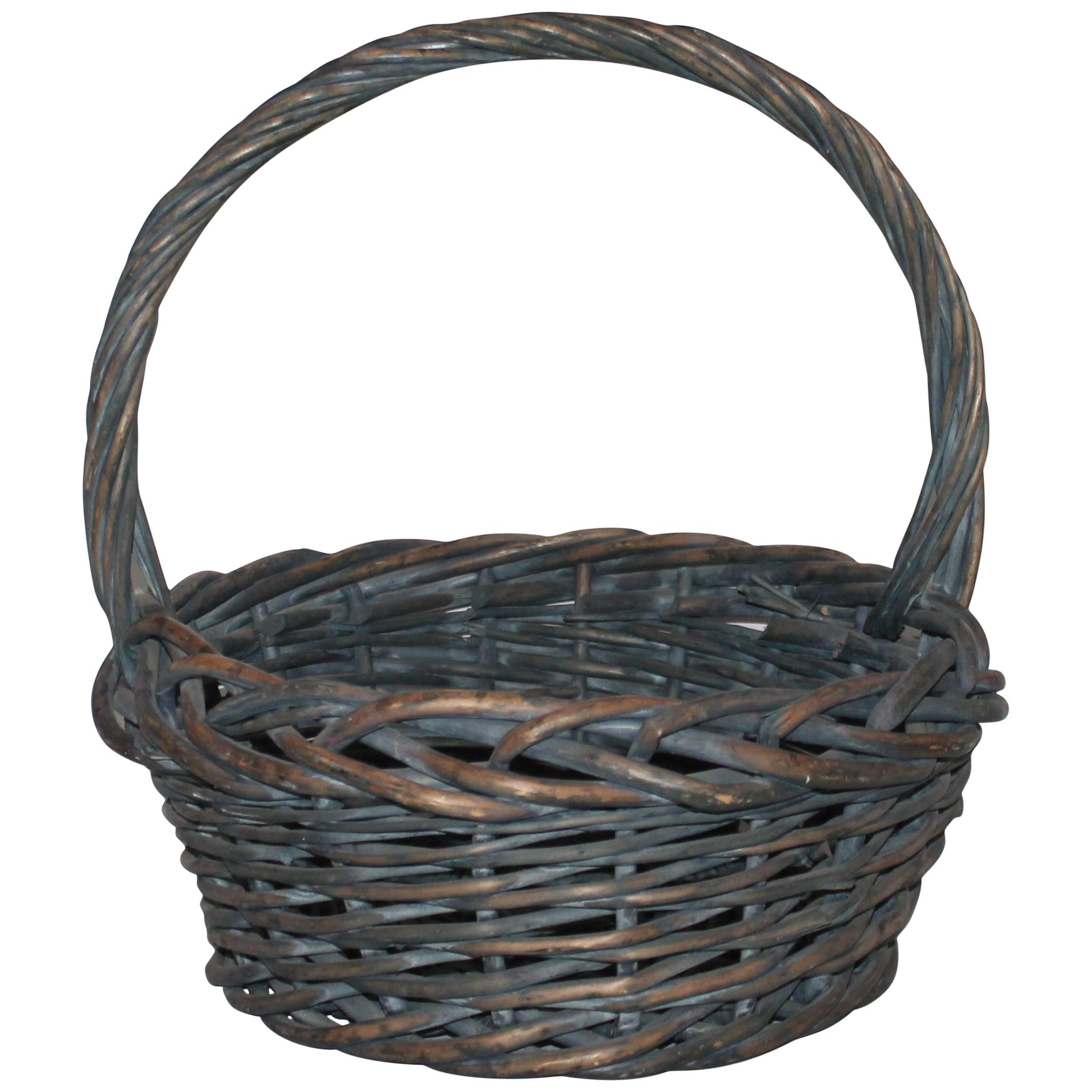 Early 20th Century Original Blue Painted Handled Basket