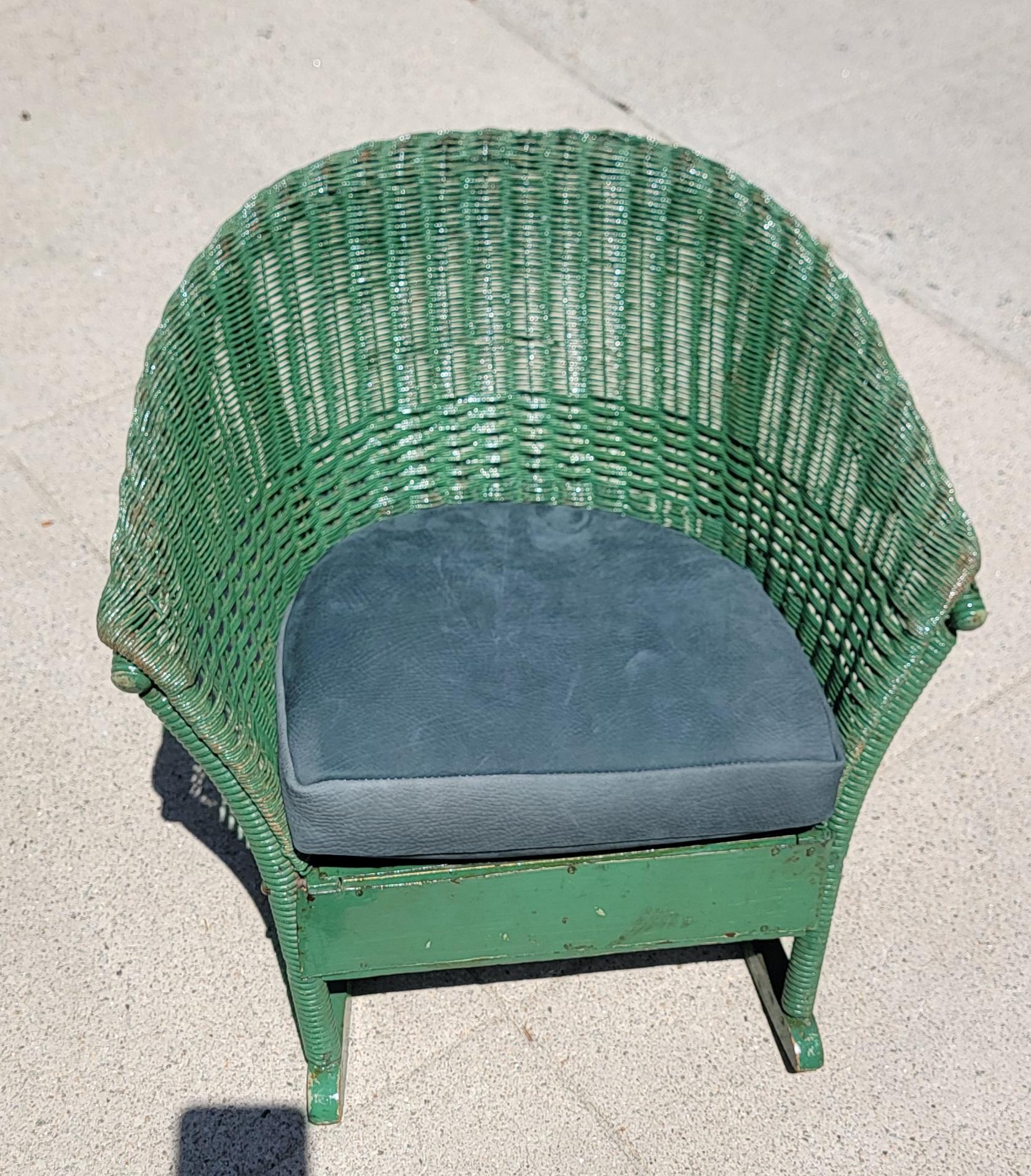Adirondack Early 20Thc Original Green Painted Child's Wicker Rocking  Chair