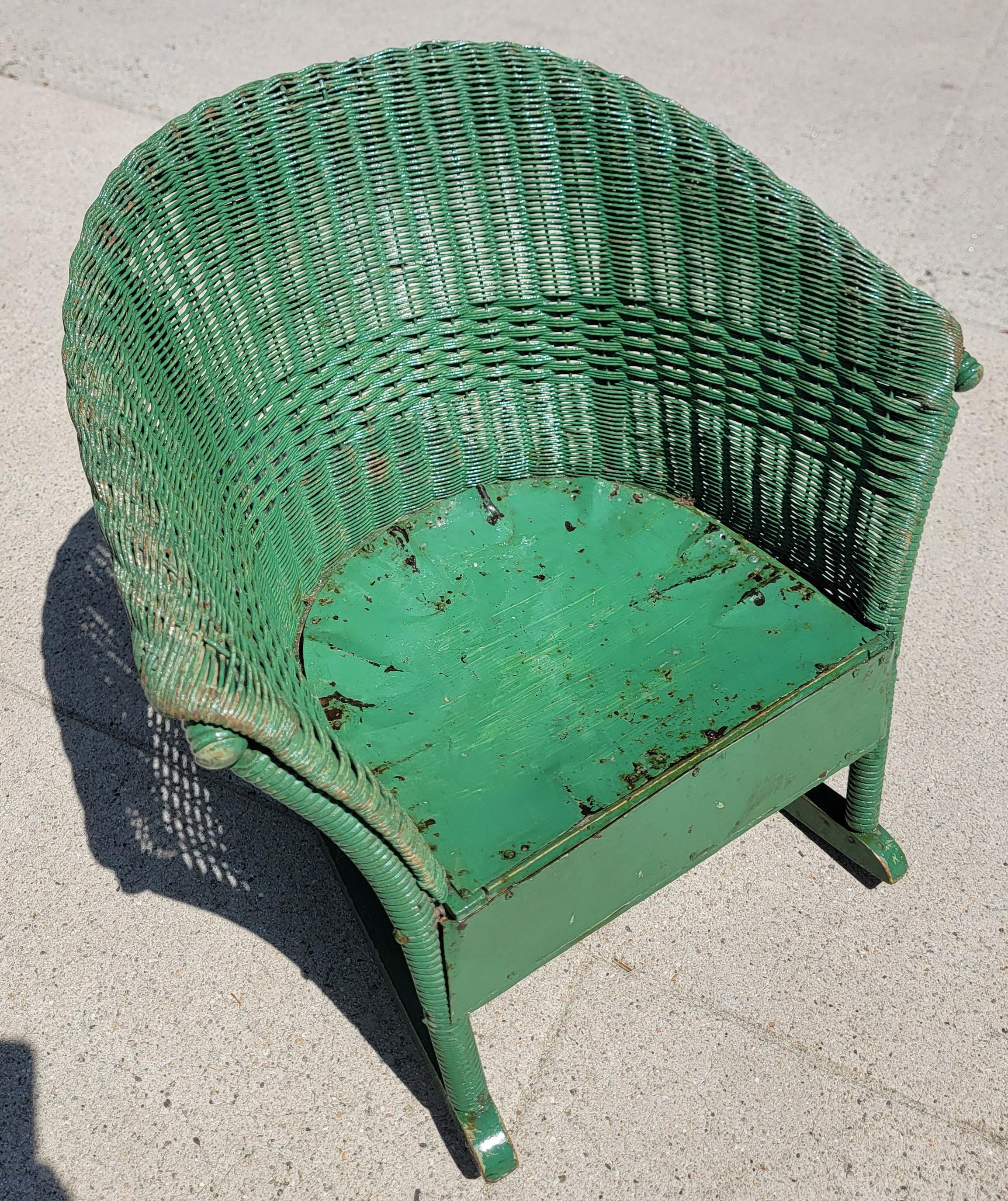 American Early 20Thc Original Green Painted Child's Wicker Rocking  Chair