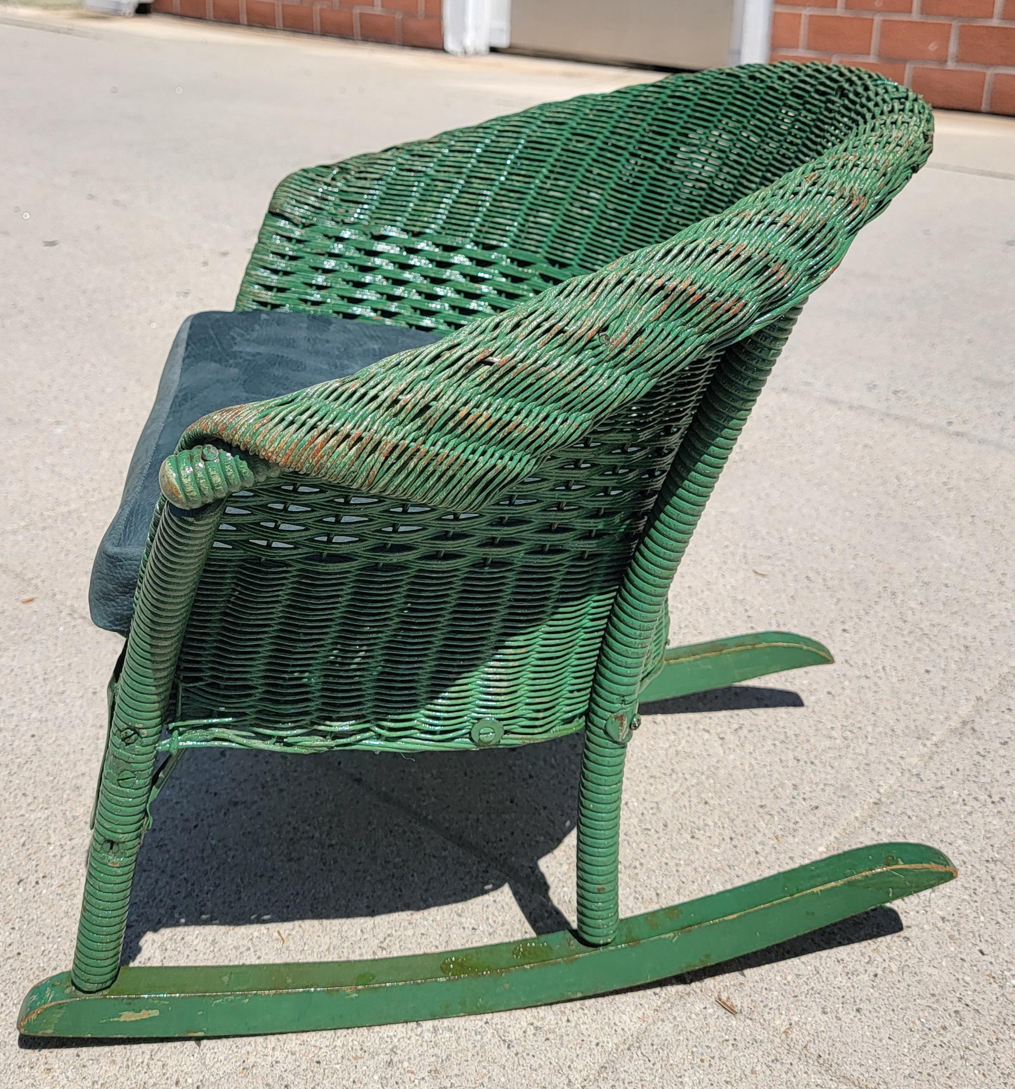 Hand-Painted Early 20Thc Original Green Painted Child's Wicker Rocking  Chair