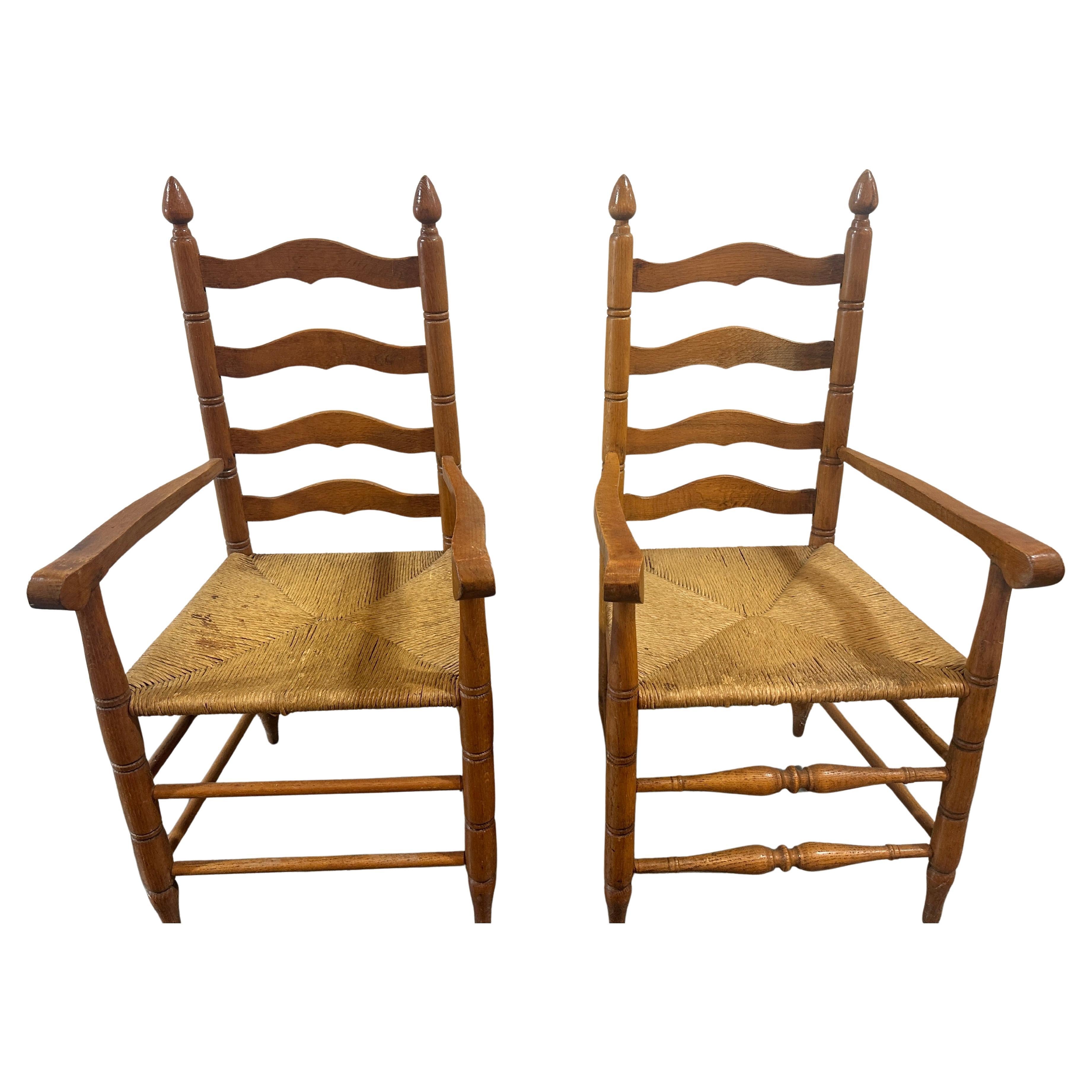 Early 20thc Pair of Ladder Back Charis with Rattan Seats For Sale
