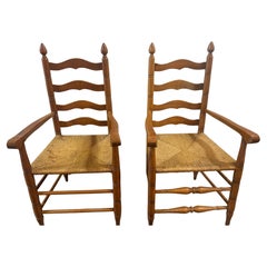 Early 20thc Pair of Ladder Back Charis with Rattan Seats