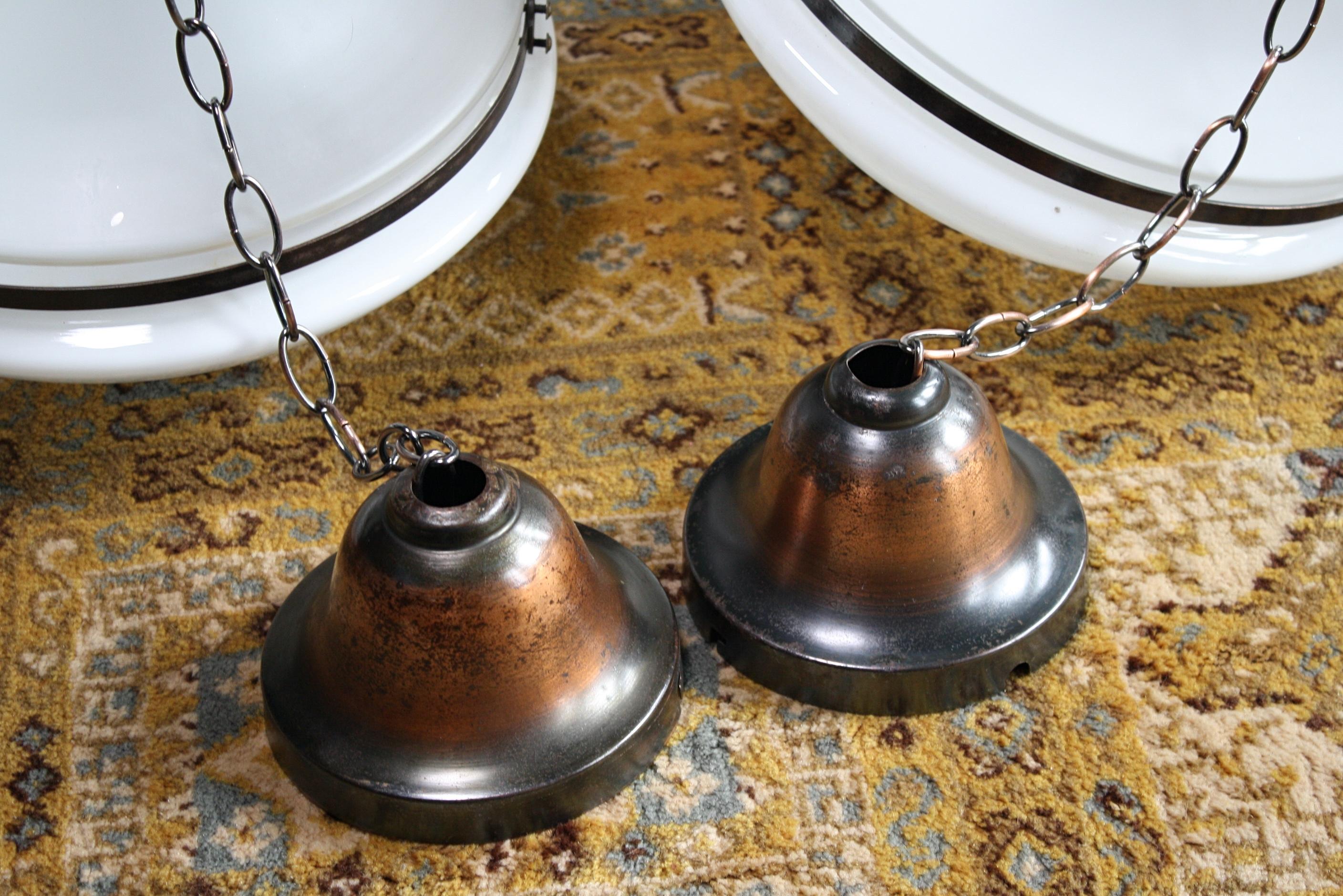 Pair of Peter Behrens Copper Opaline and Frosted Glass Pendants Lights 8