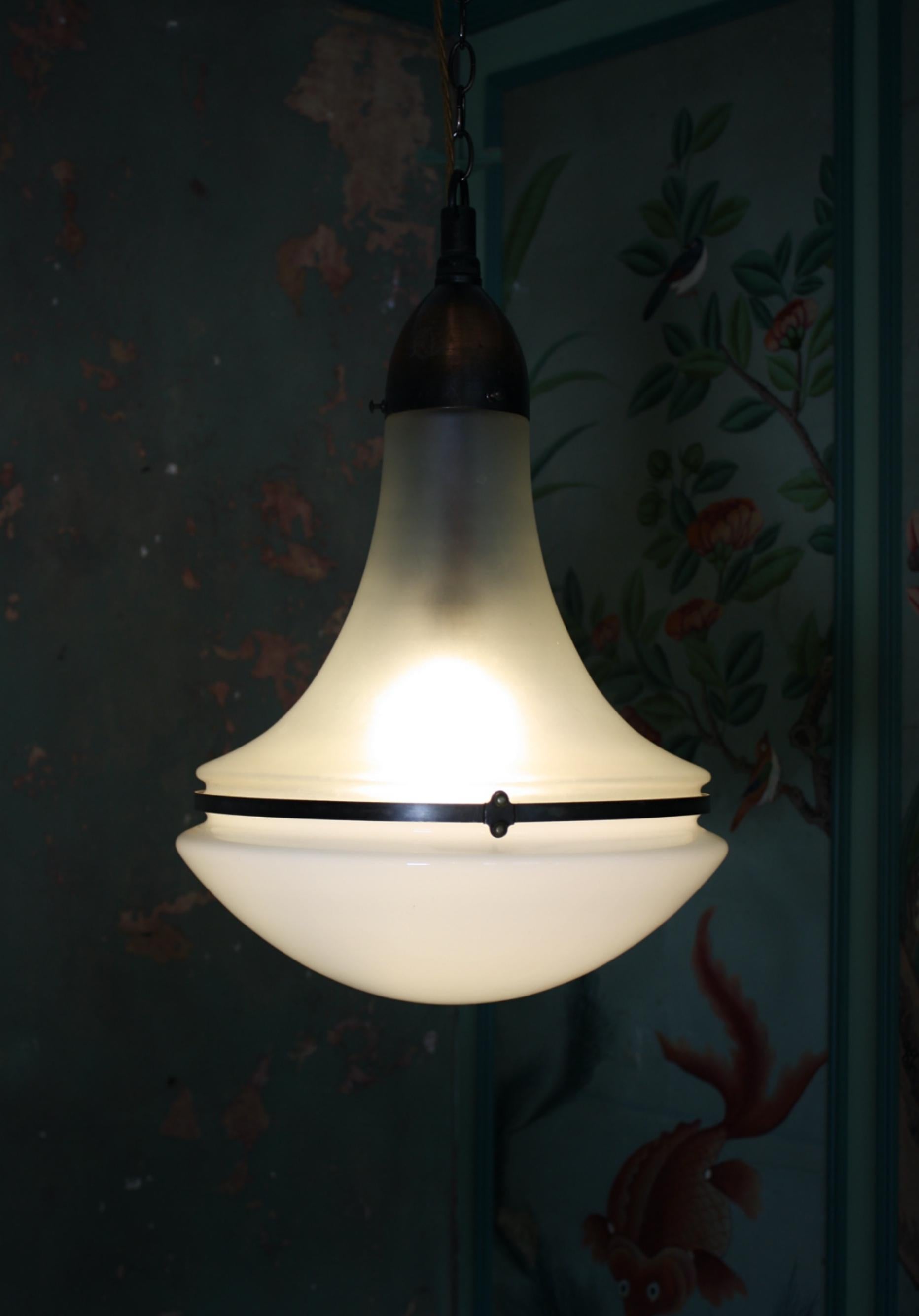 Mid-Century Modern Pair of Peter Behrens Copper Opaline and Frosted Glass Pendants Lights