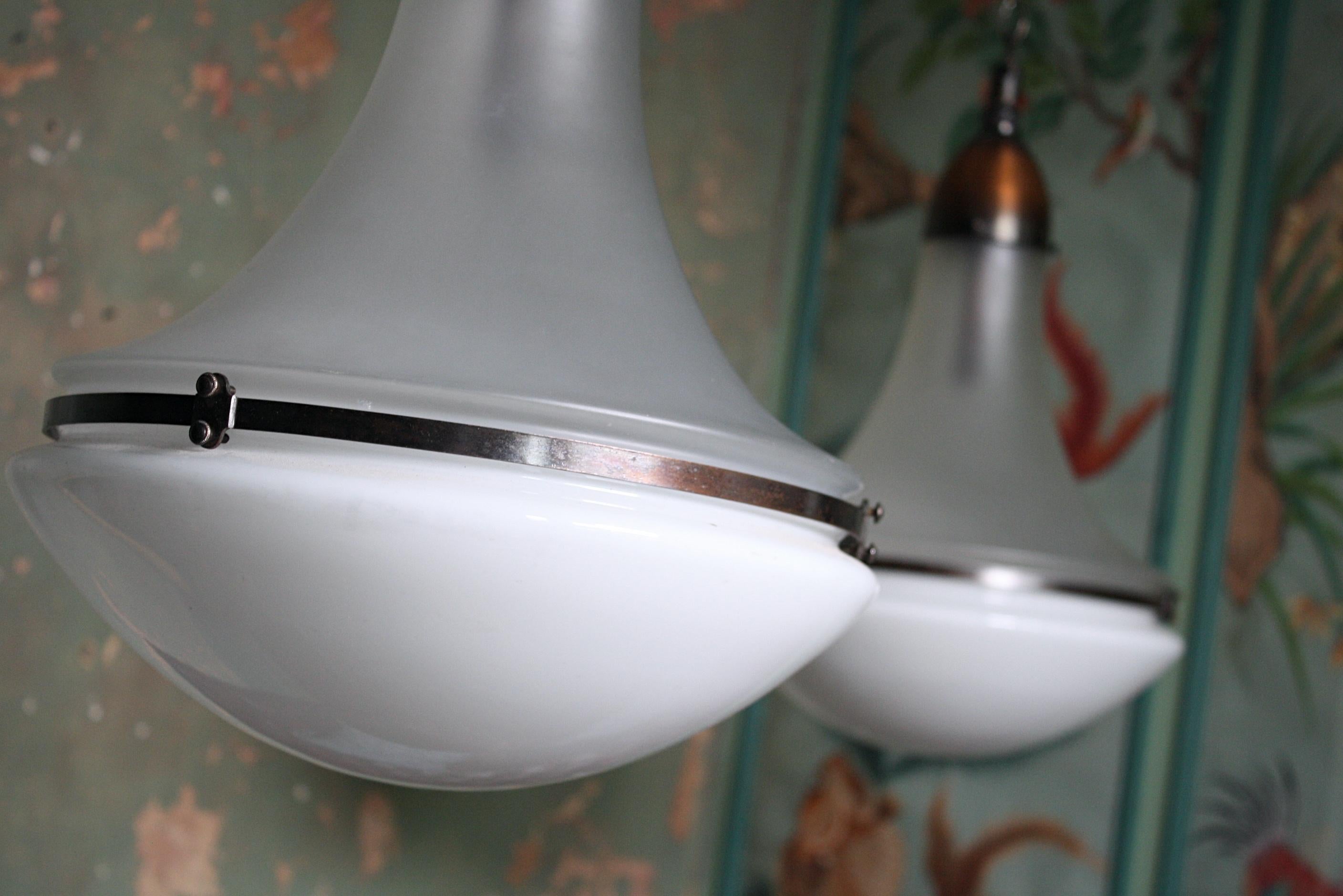 20th Century Pair of Peter Behrens Copper Opaline and Frosted Glass Pendants Lights