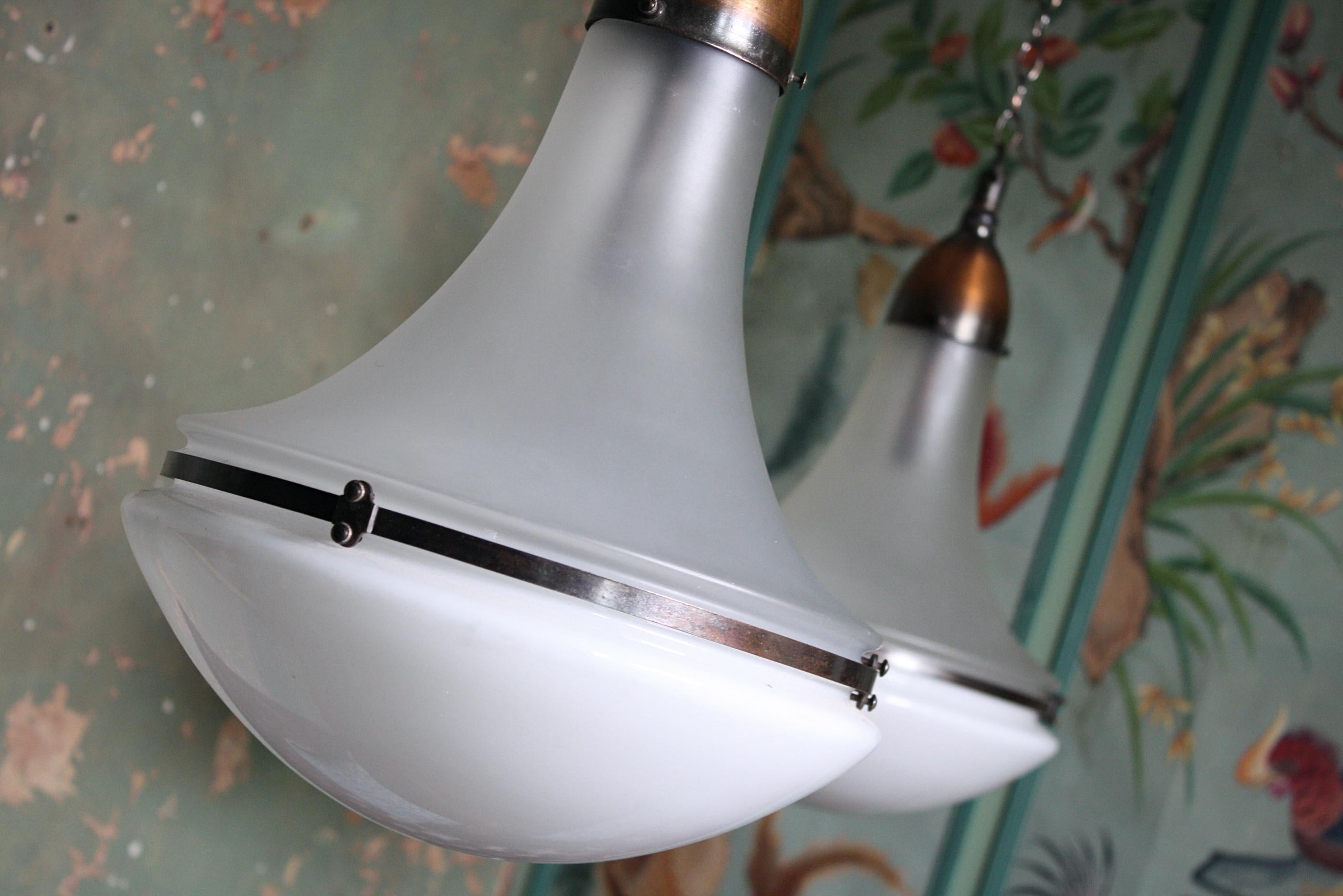 Pair of Peter Behrens Copper Opaline and Frosted Glass Pendants Lights 1