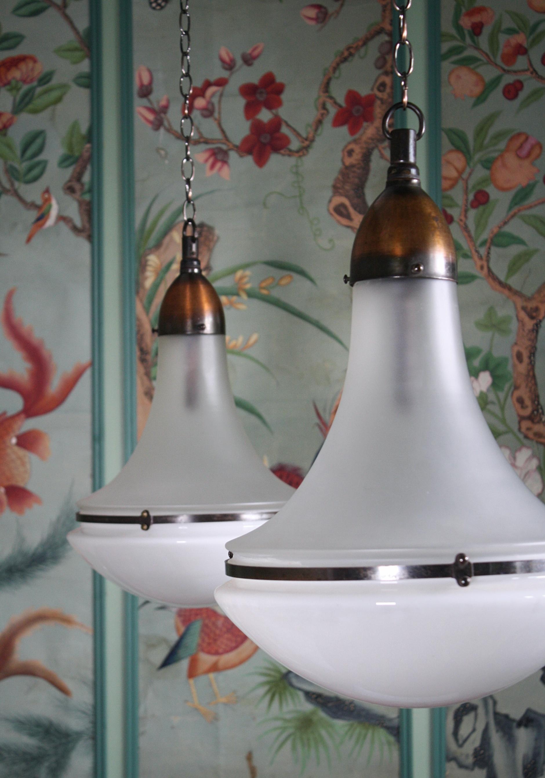 Pair of Peter Behrens Copper Opaline and Frosted Glass Pendants Lights 3