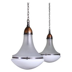 Pair of Peter Behrens Copper Opaline and Frosted Glass Pendants Lights