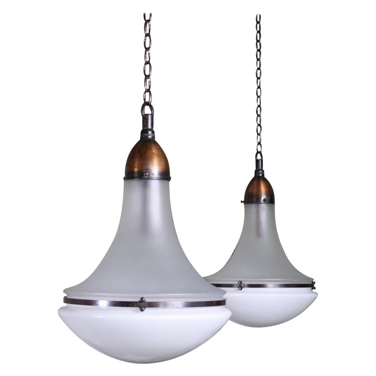 Pair Of Peter Behrens Copper Opaline And Frosted Glass Pendants Lights At 1stdibs