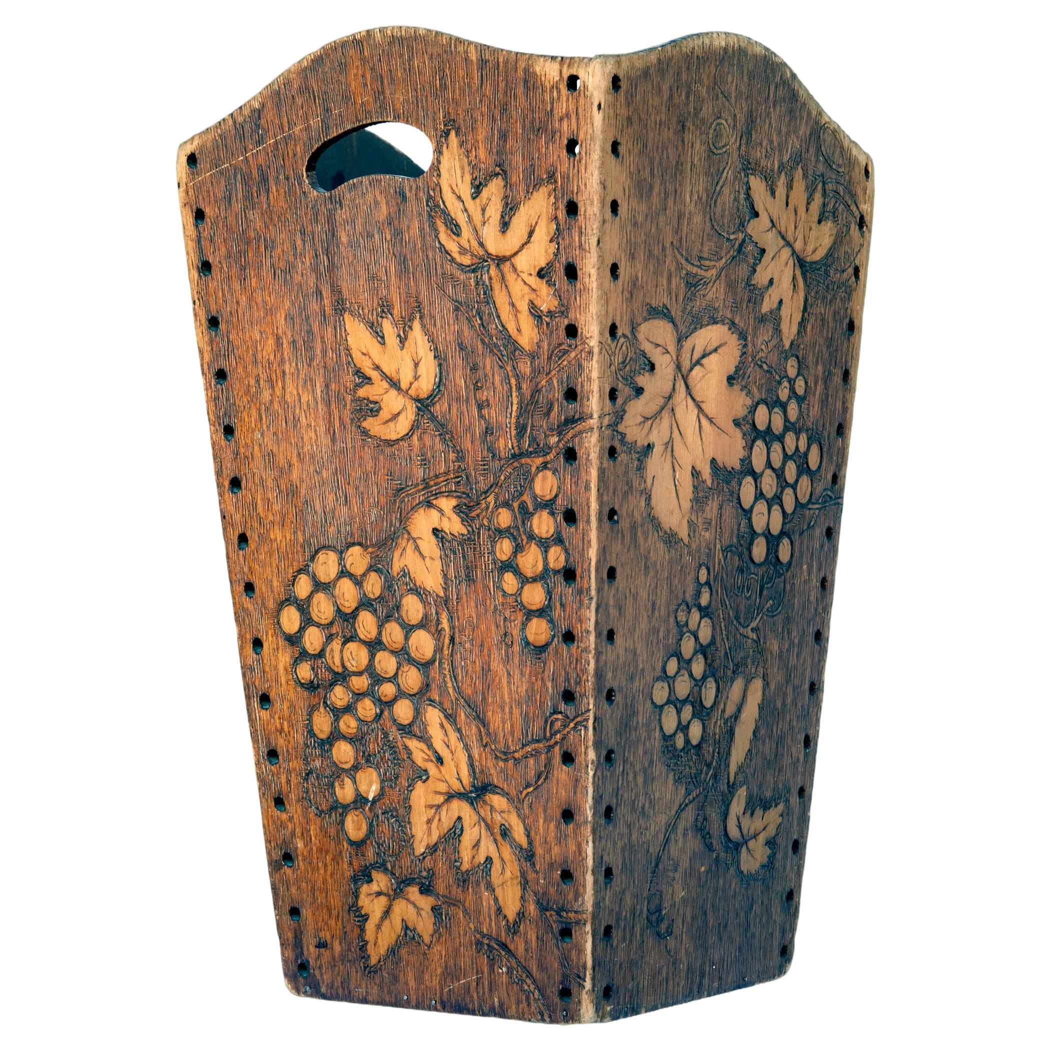 Early 20thC Pyrographic French Grape Basket with Grape Clusters