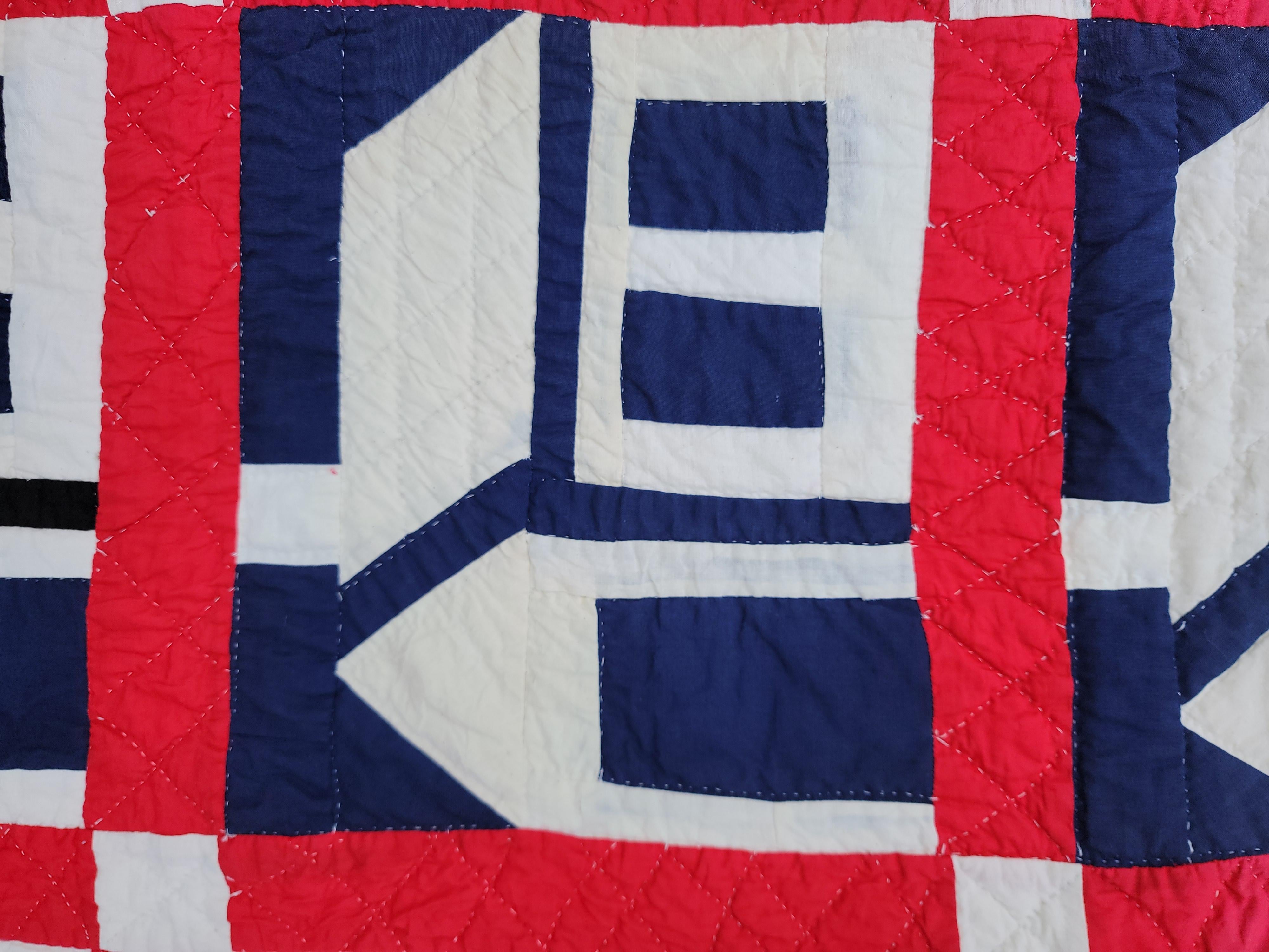 American Early 20Thc Red & Blue School House Quilt For Sale
