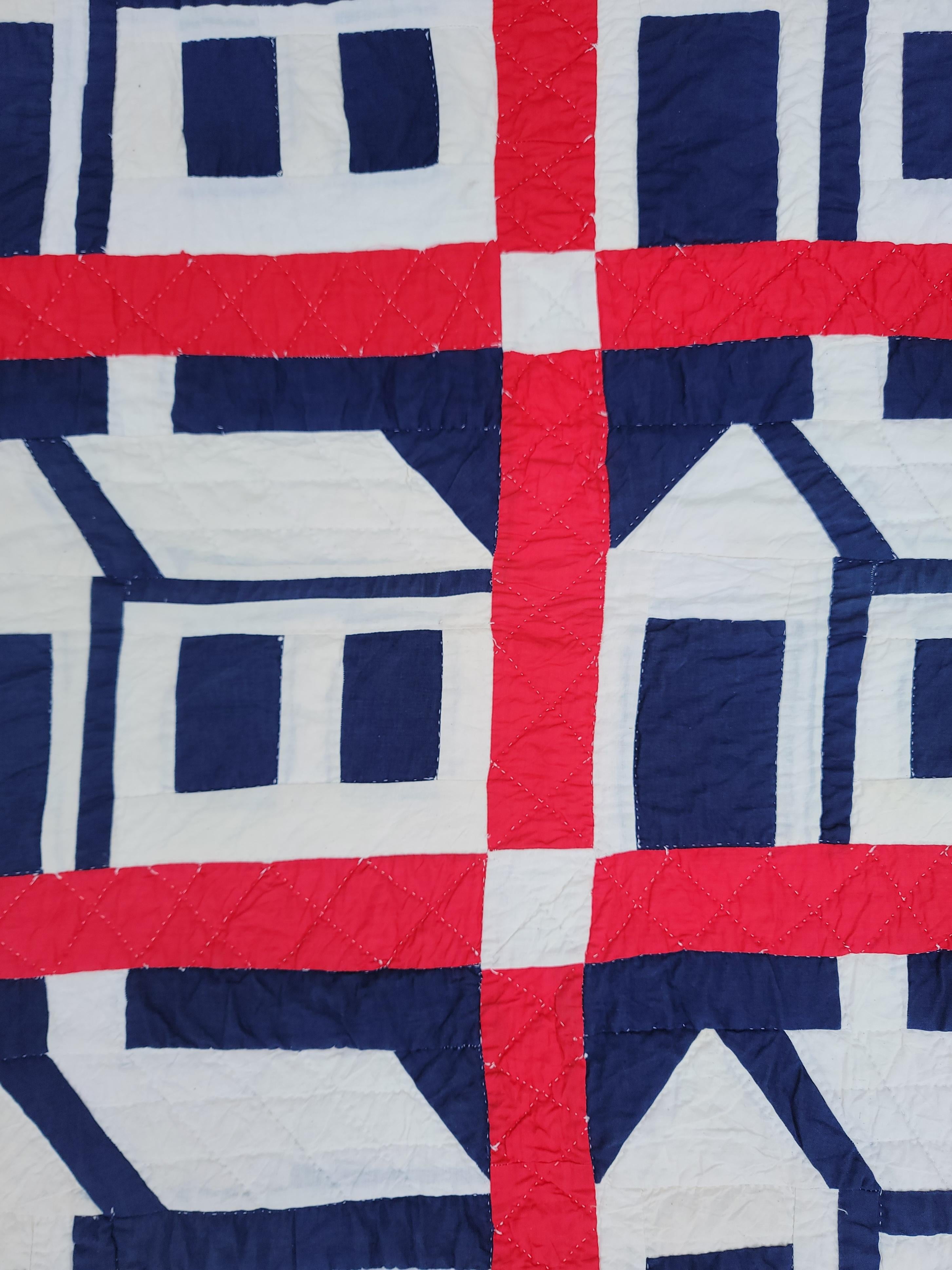 Hand-Crafted Early 20Thc Red & Blue School House Quilt For Sale