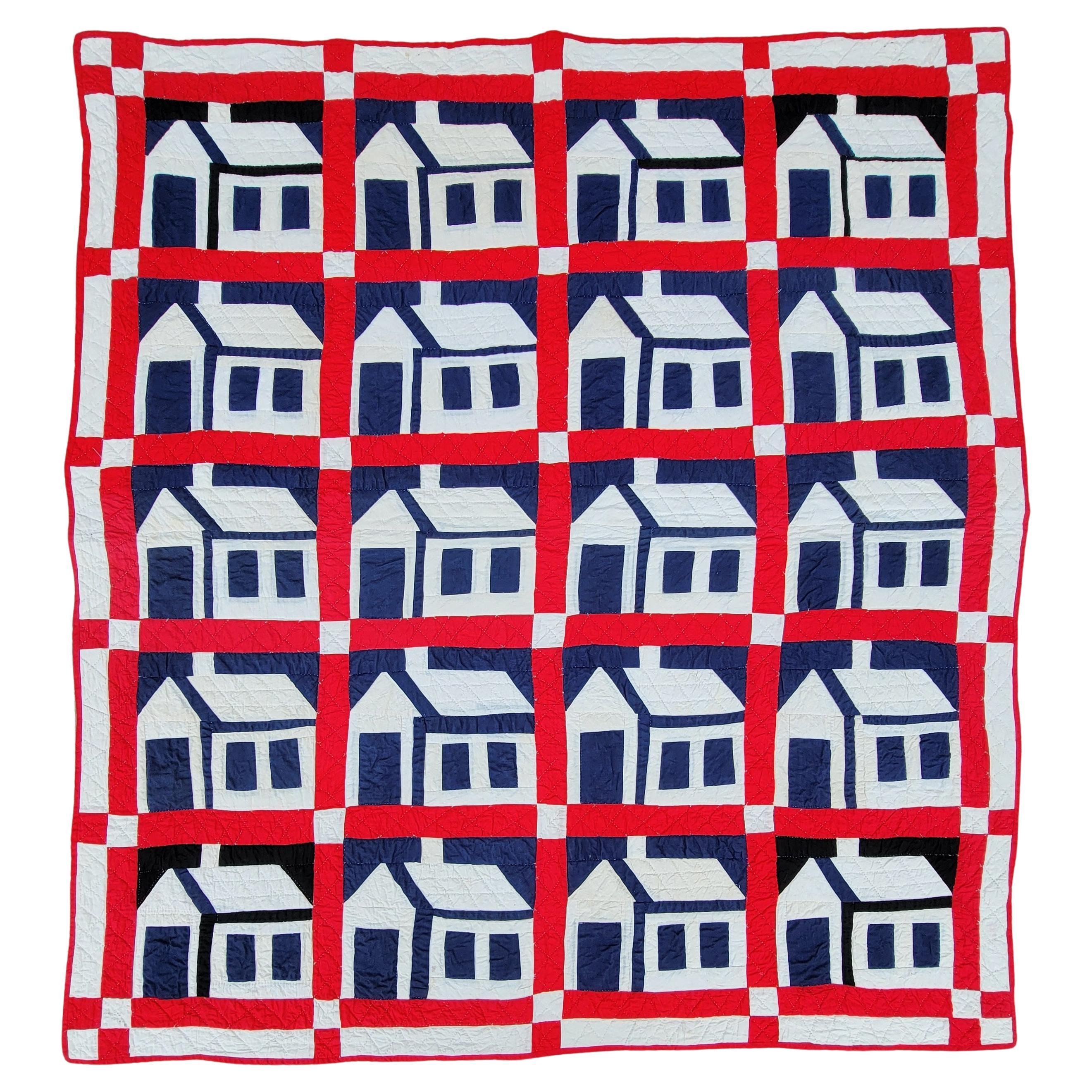 Frühe 20Thc Rot & Blau Schule Haus Quilt im Angebot