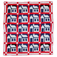 Quilt de maison d'école rouge et bleue du début du 20e siècle