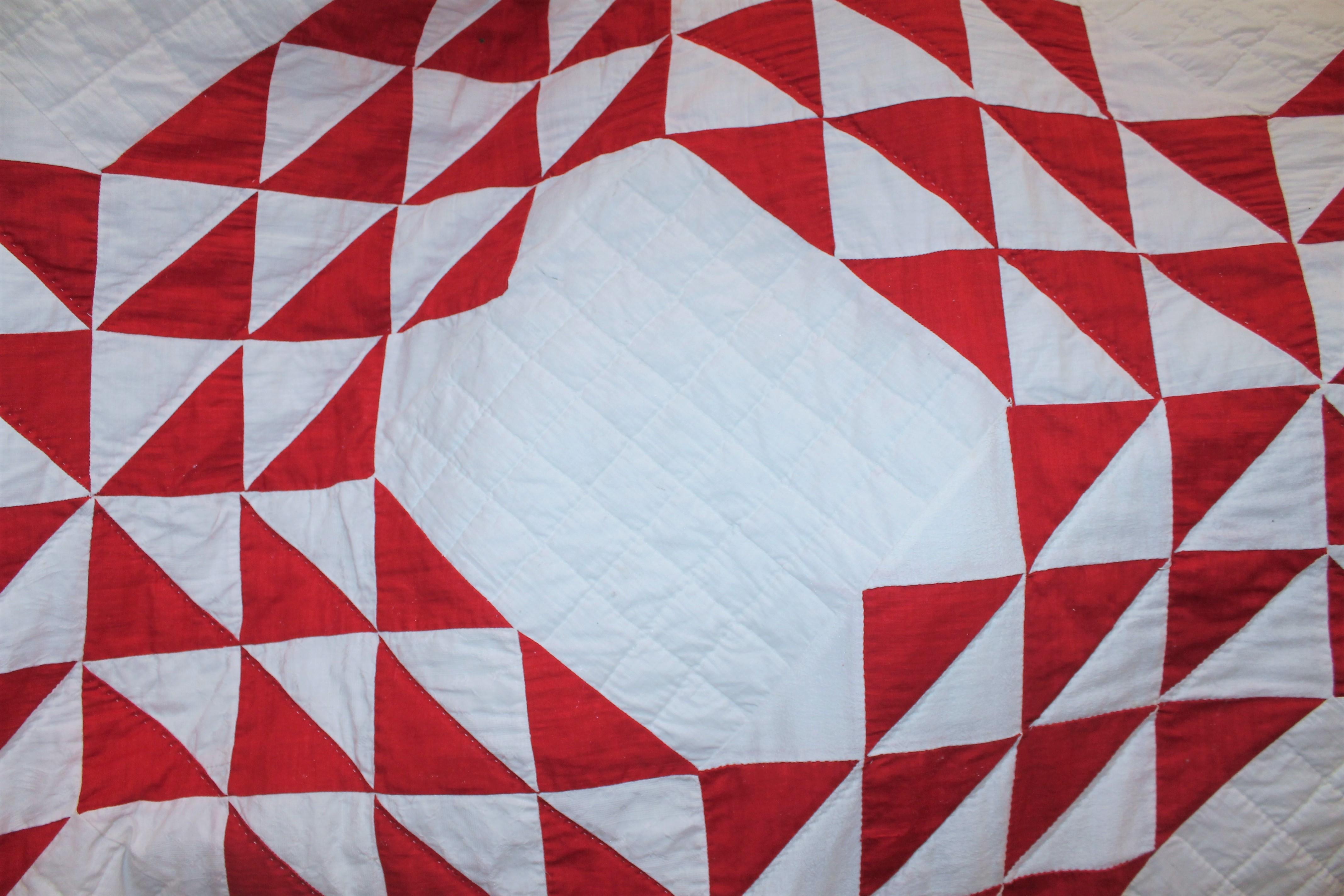 Hand-Crafted Early 20th Century Red and White Ocean Waves Quilt