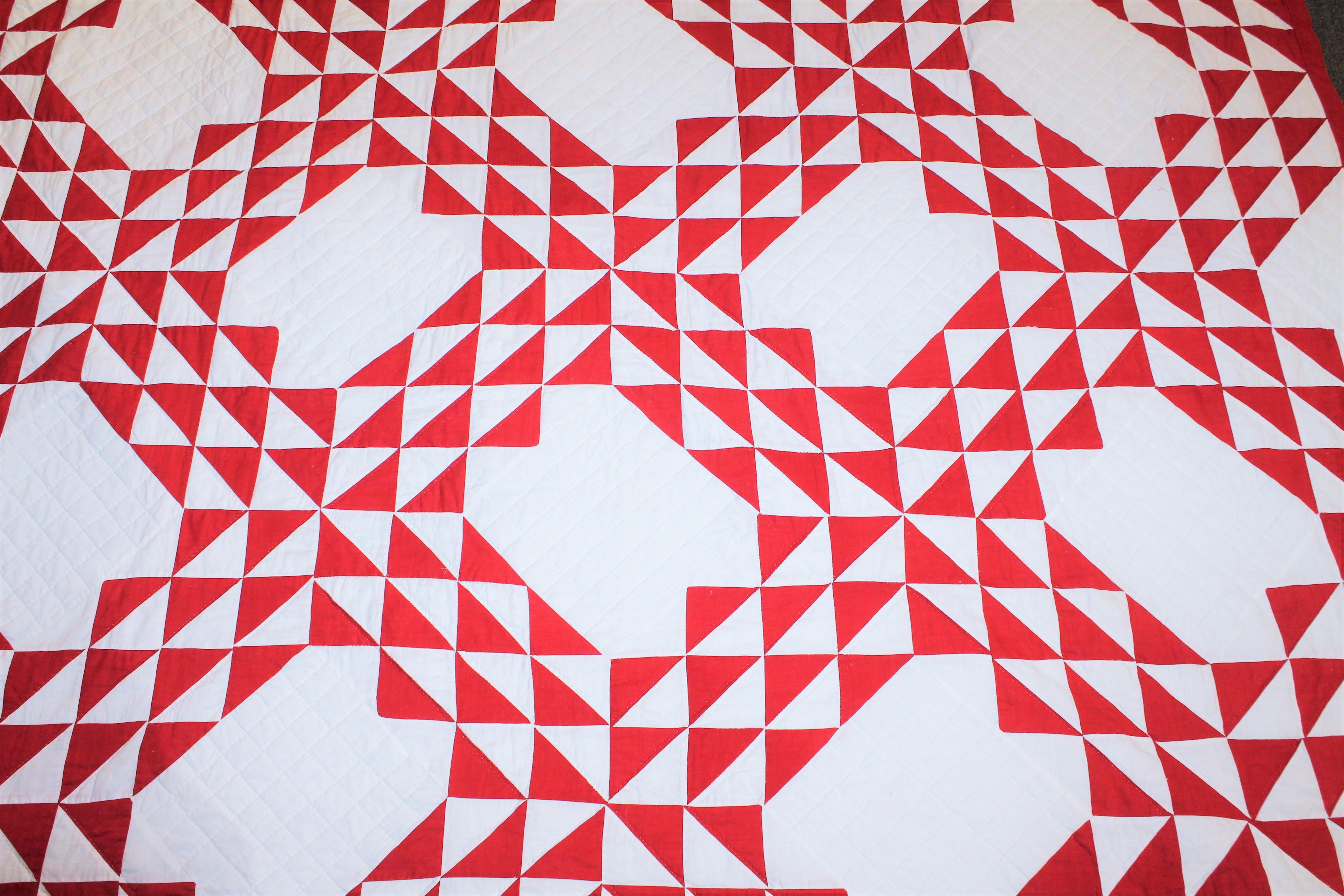 Cotton Early 20th Century Red and White Ocean Waves Quilt