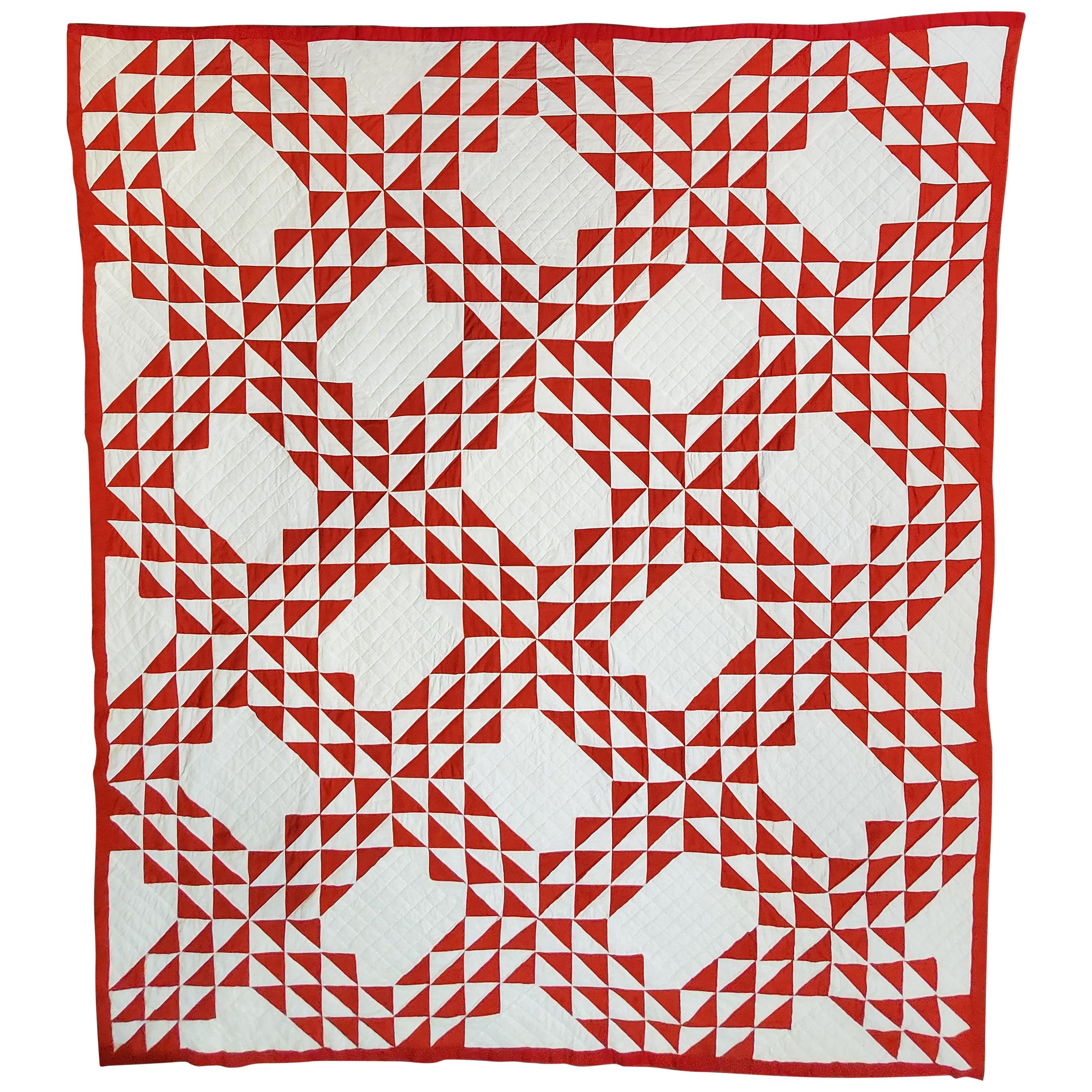 Early 20th Century Red and White Ocean Waves Quilt
