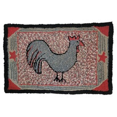Early 20th C Rooster & Stars Hand Hooked Rug