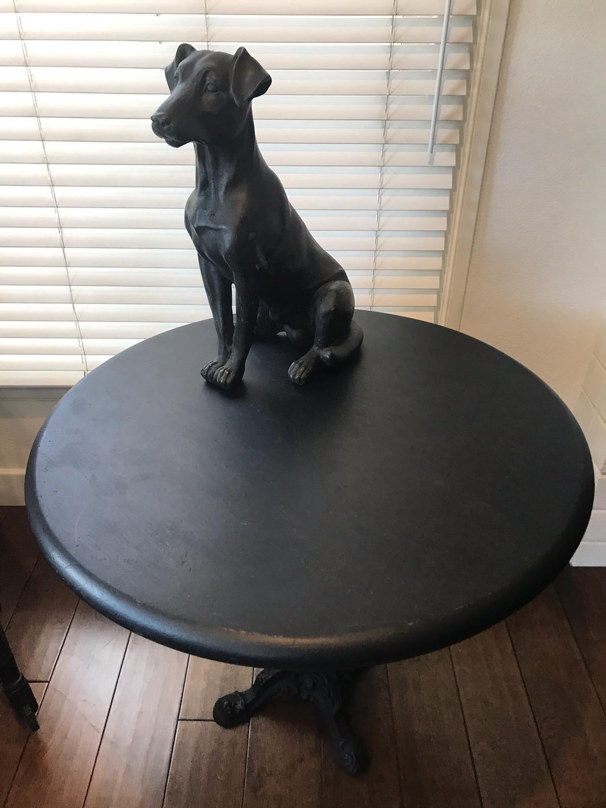 Round plank top pedestal table with an iron base. Great patina.
Handmade table not manufactured.
This item is sturdy and the base it strong.