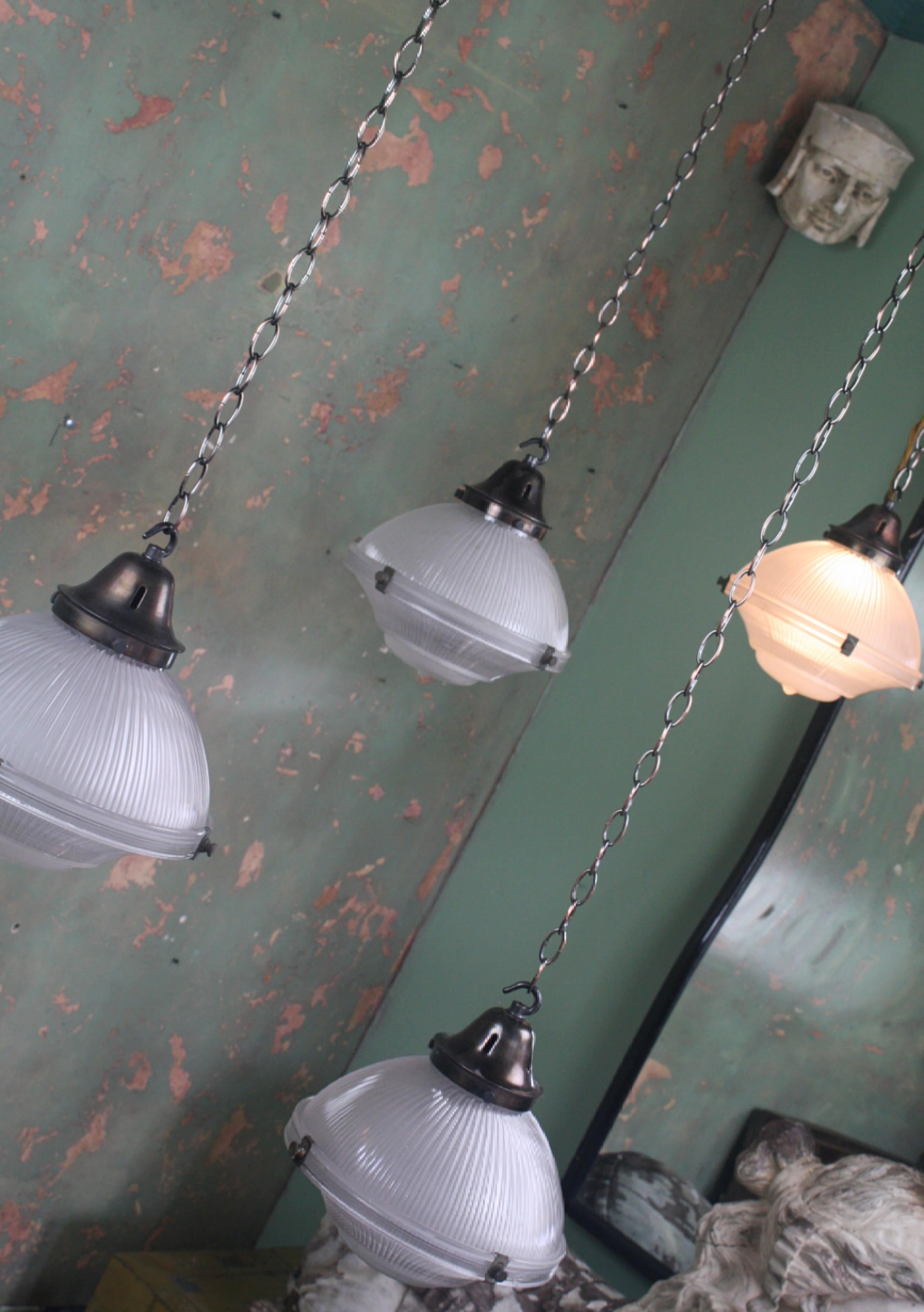 Industrial 20th Century Run of Nine Three Part Holophane Prismatic Glass Lanterns Lights