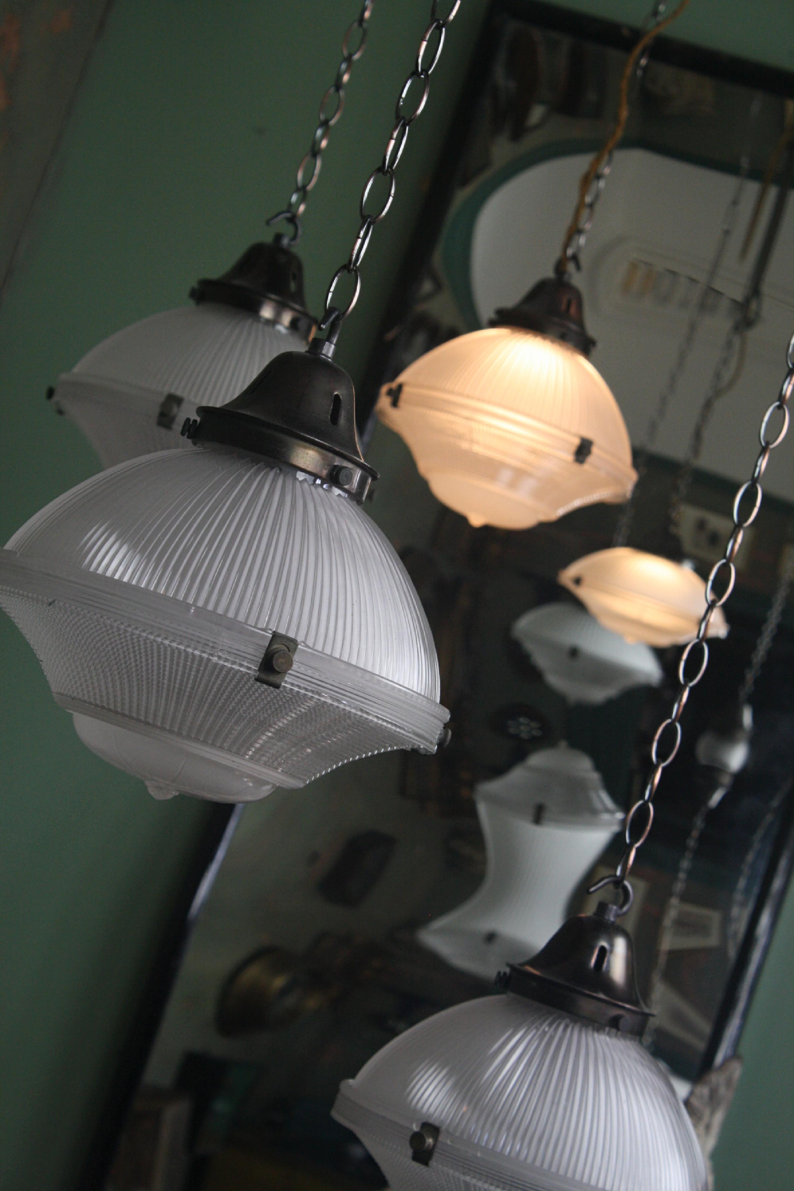 English 20th Century Run of Nine Three Part Holophane Prismatic Glass Lanterns Lights