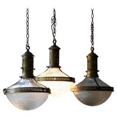 Antique Early 20thC Trio Large French Brass Glass Holophane Lanterns Lights, 3 Available