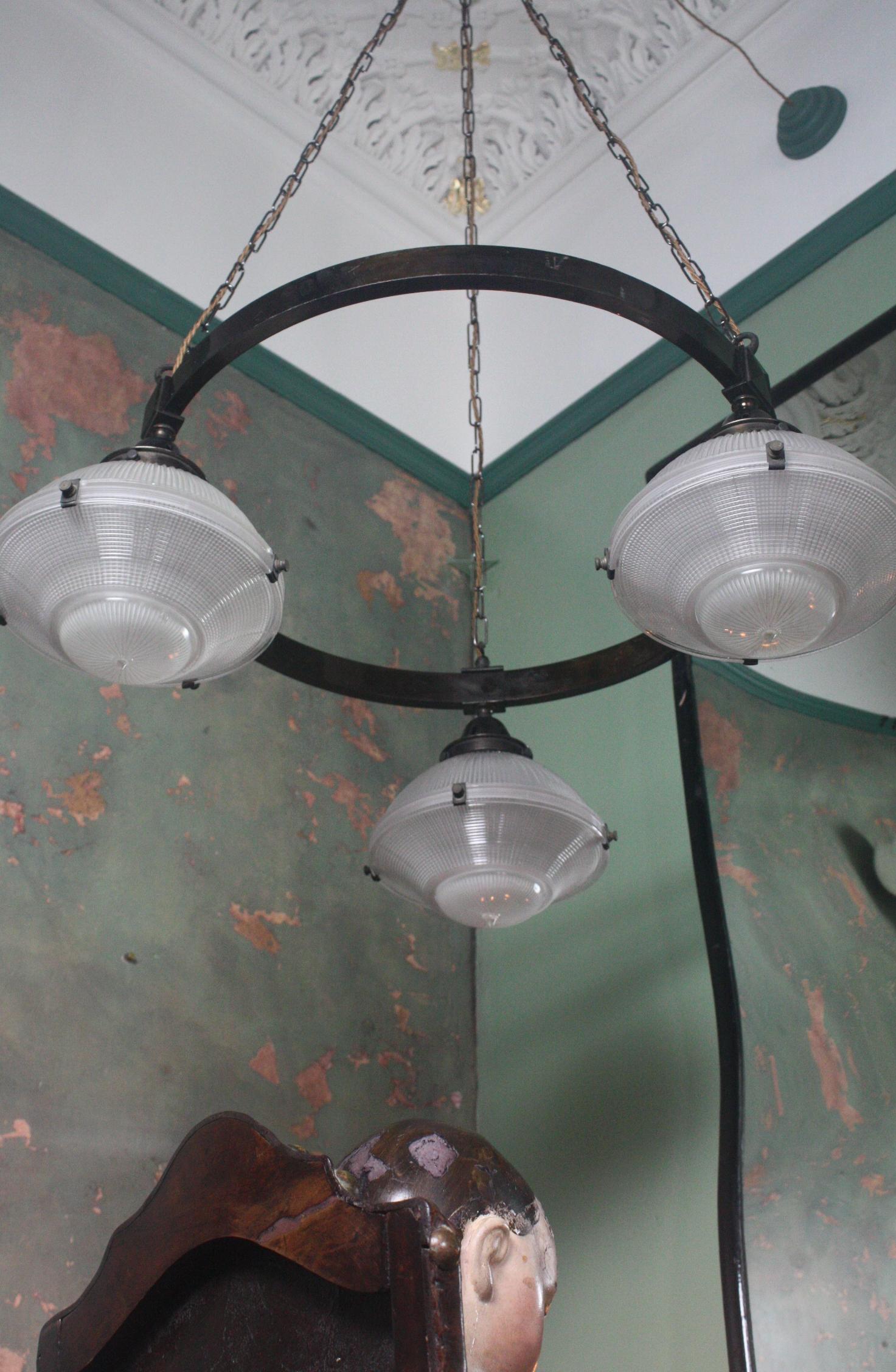Early 20th Century Trio of Gothic Holophane Prismatic Glass Chandelier Lights  3