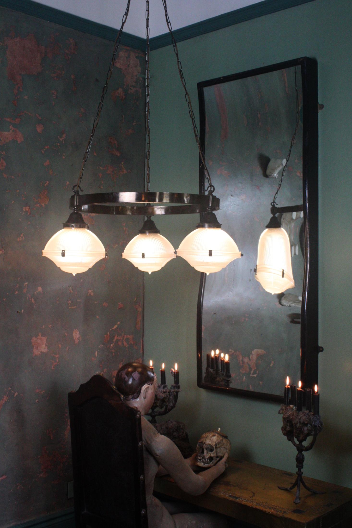 Edwardian Early 20th Century Trio of Gothic Holophane Prismatic Glass Chandelier Lights 