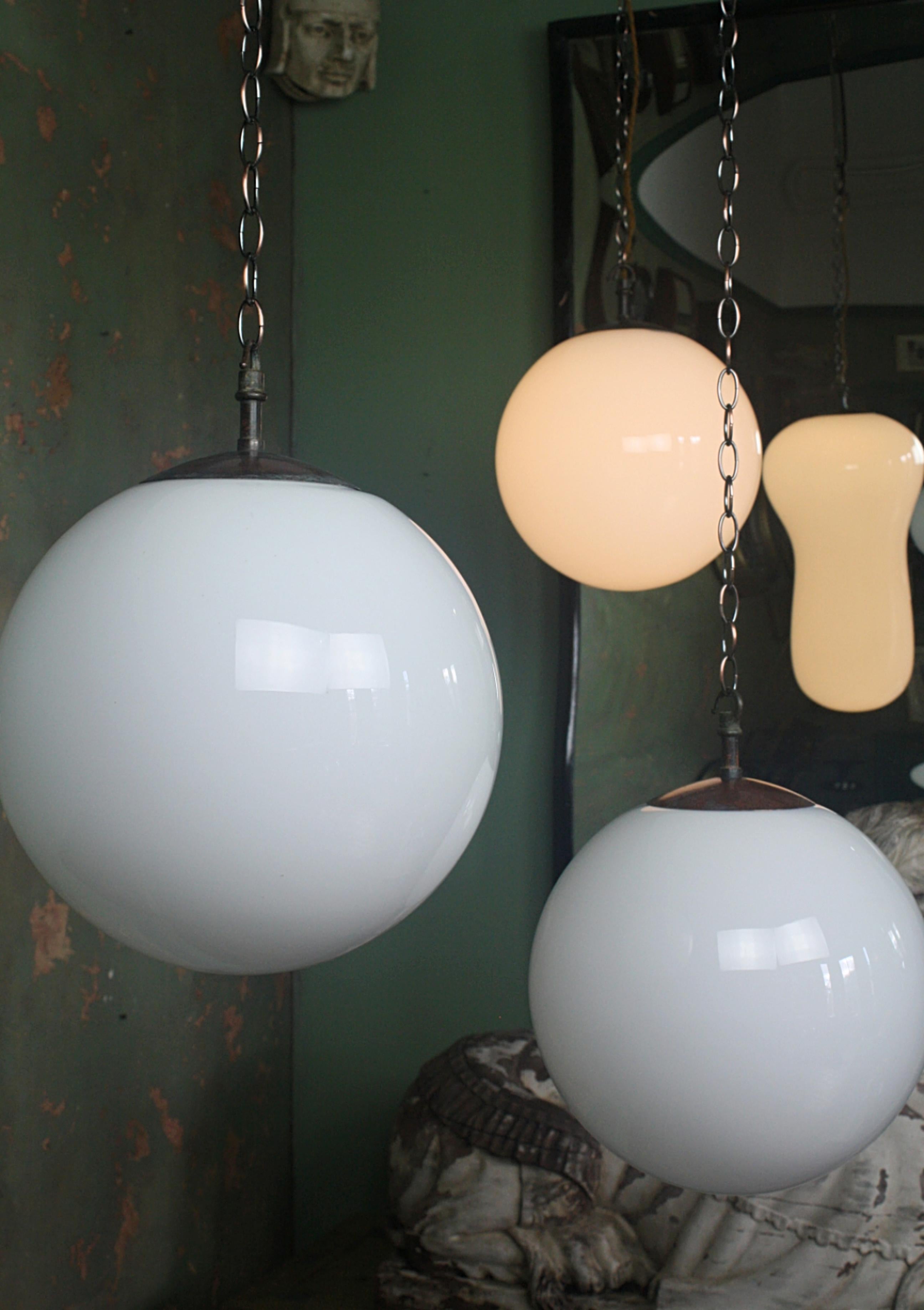 English Early 20th Century Trio of Opaline Milk Glass and Copper Globes Lights Lanterns