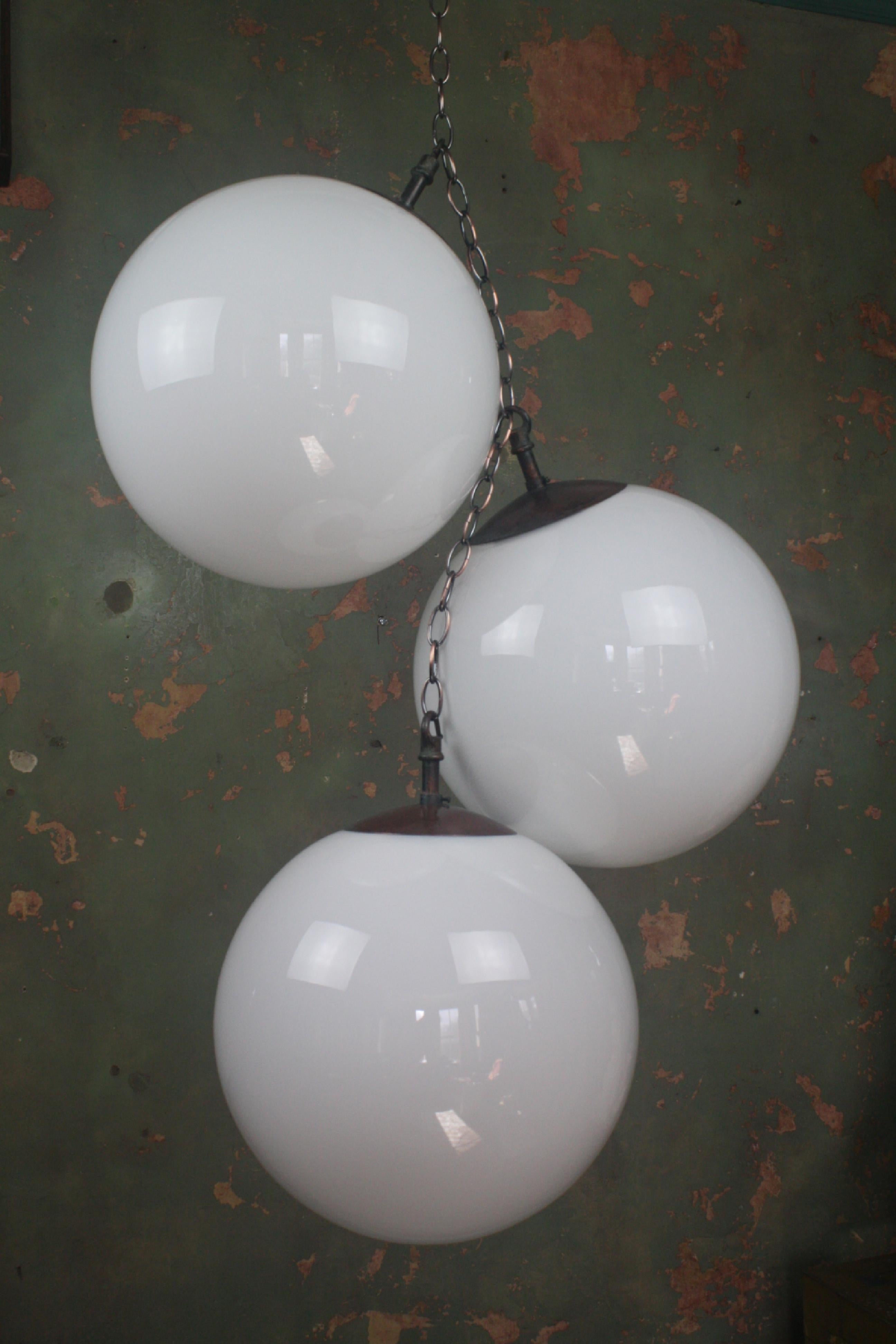 Early 20th Century Trio of Opaline Milk Glass and Copper Globes Lights Lanterns 1