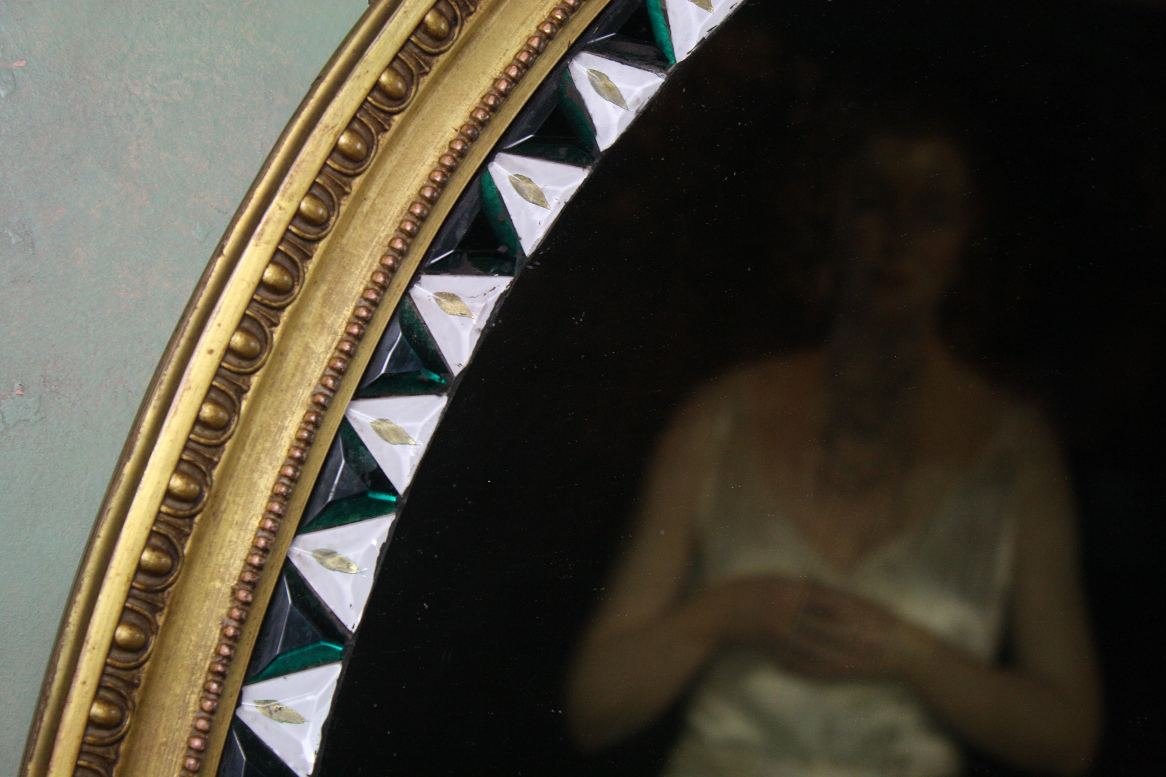 Regency Early 20th Century Unusual Oval Irish Lozenger Green & Opaline Mirror Gilt Frame