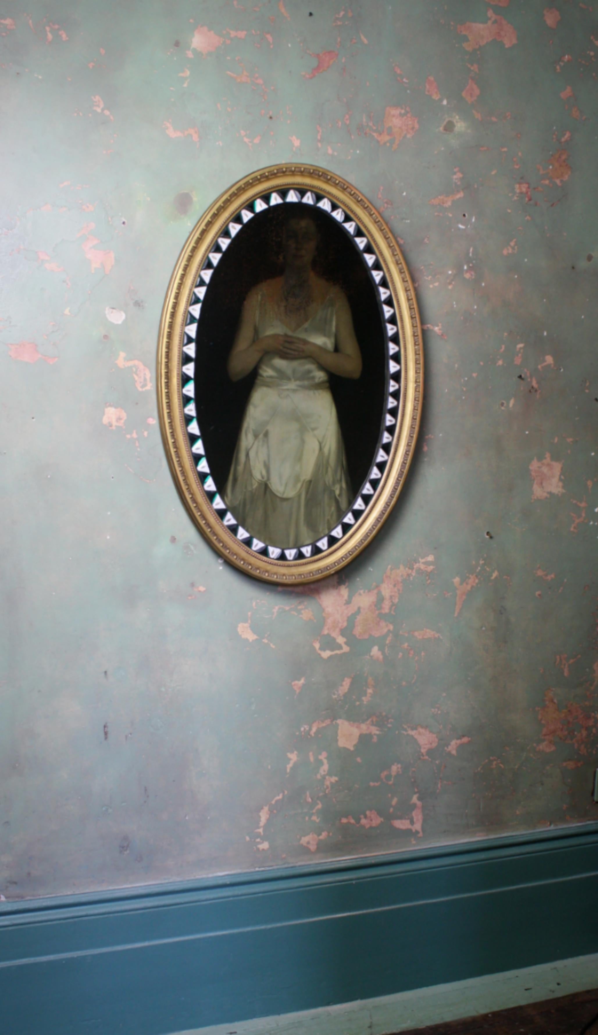 European Early 20th Century Unusual Oval Irish Lozenger Green & Opaline Mirror Gilt Frame