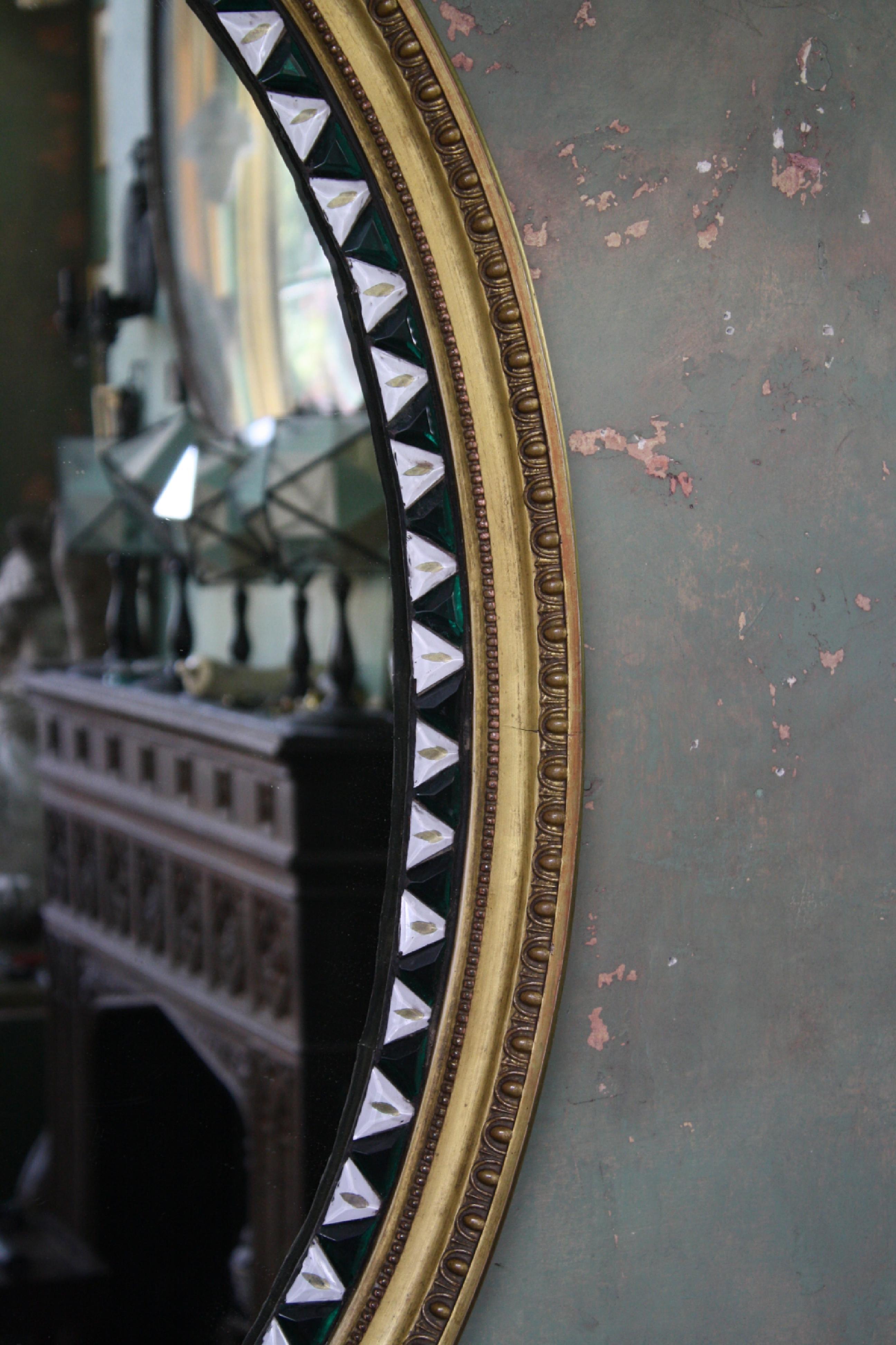 Early 20th Century Unusual Oval Irish Lozenger Green & Opaline Mirror Gilt Frame 2