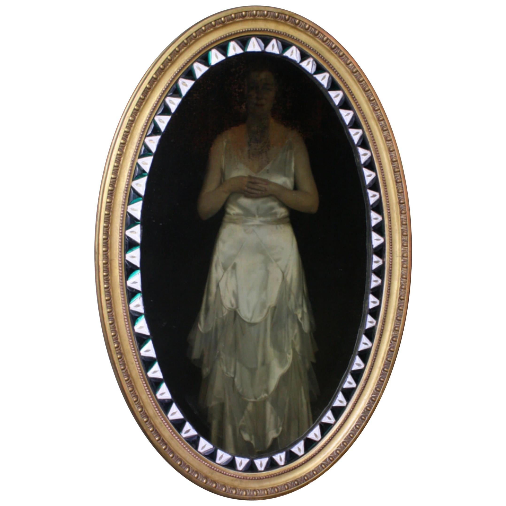 Early 20th Century Unusual Oval Irish Lozenger Green & Opaline Mirror Gilt Frame