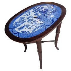 Early 20thC Walnut with Blue Willow Ironstone Platter set in Warming Table Rare