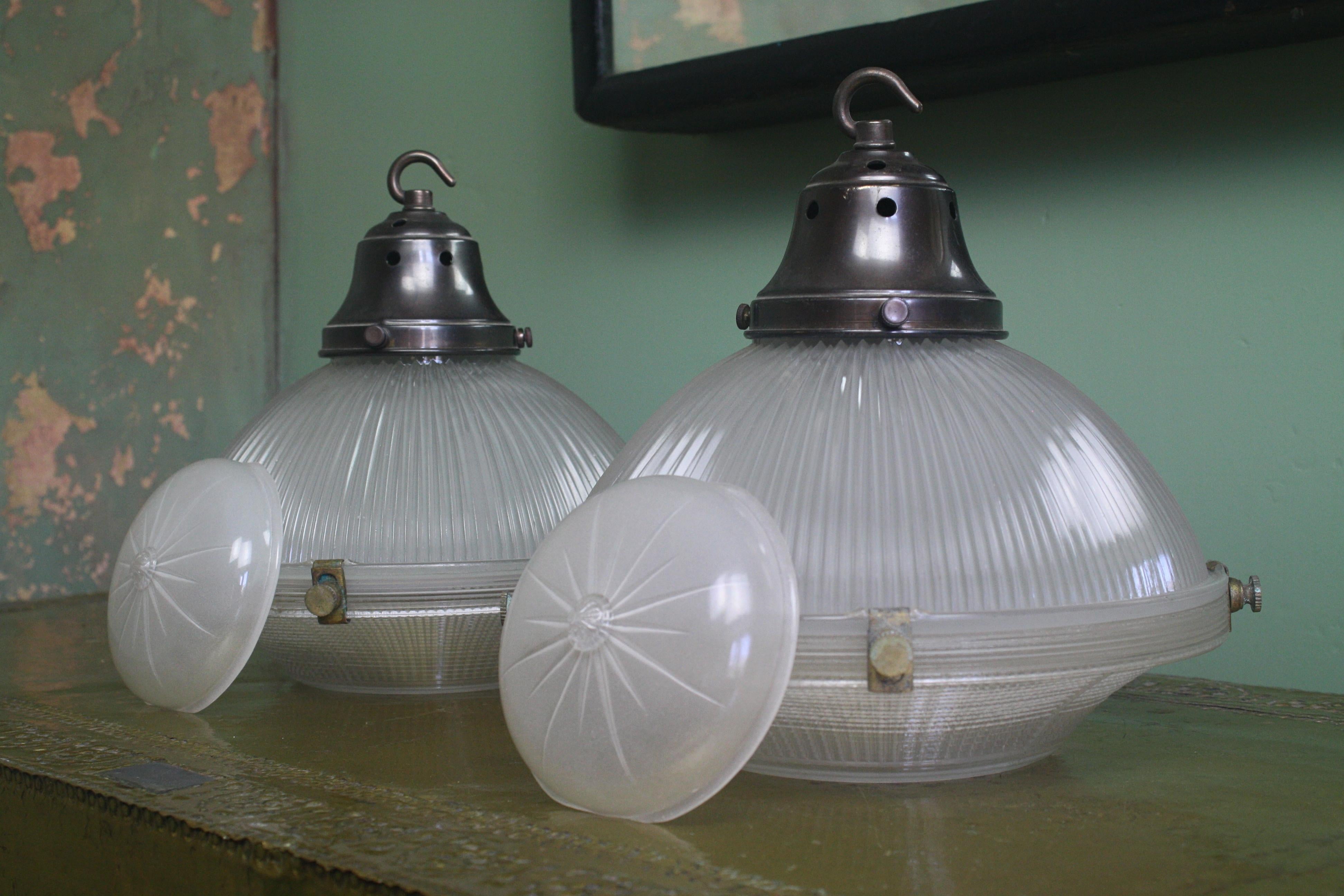 Early 20th Century Pair of Three Part Holophane Prismatic Glass Lanterns Lights 4
