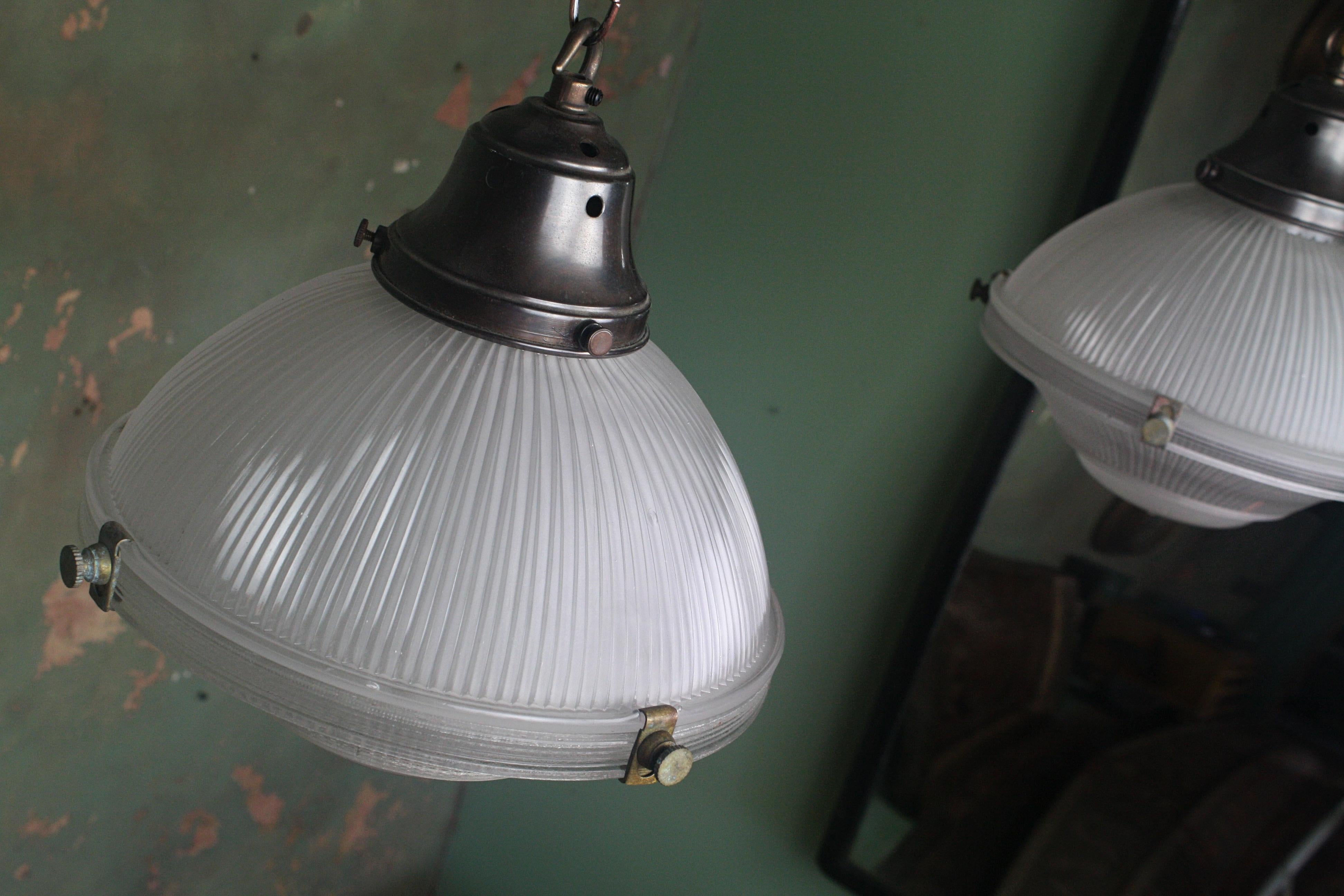 English Early 20th Century Pair of Three Part Holophane Prismatic Glass Lanterns Lights