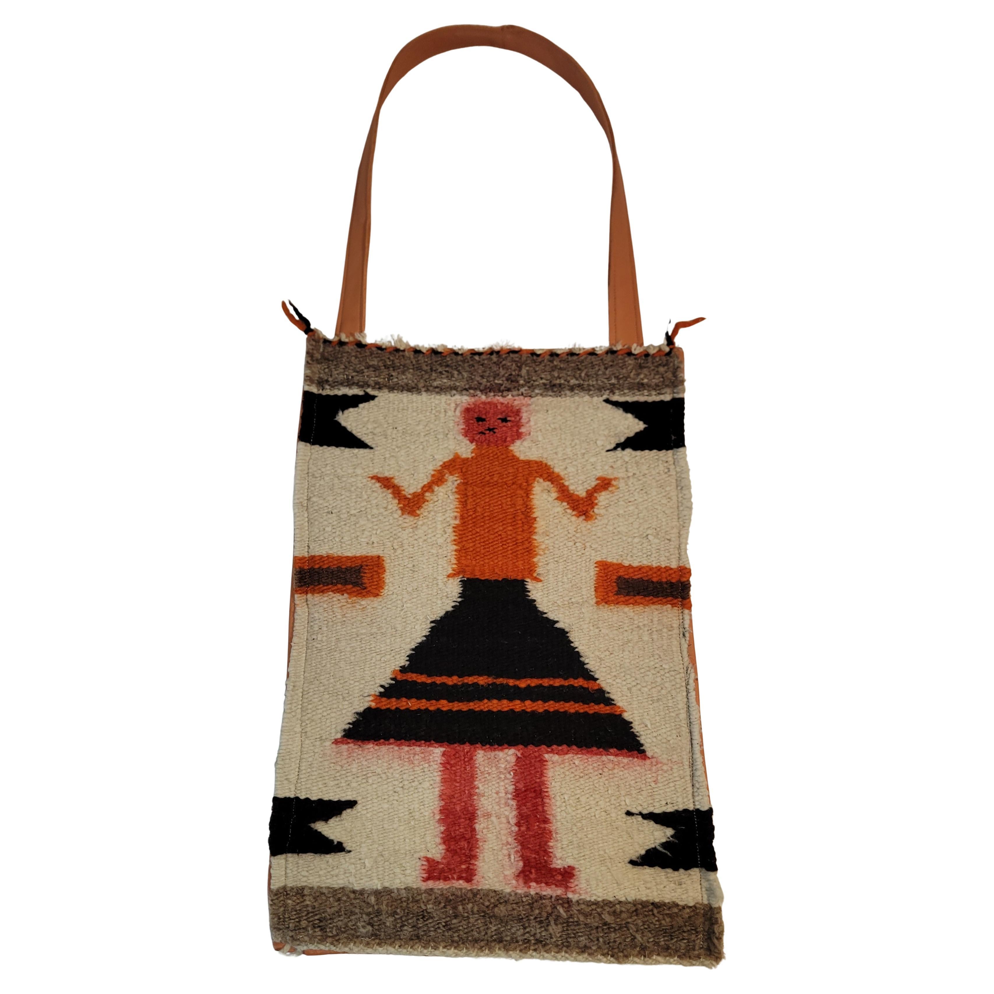 Early 20the Wool Yei Bag W/Leather Backing and Strap For Sale