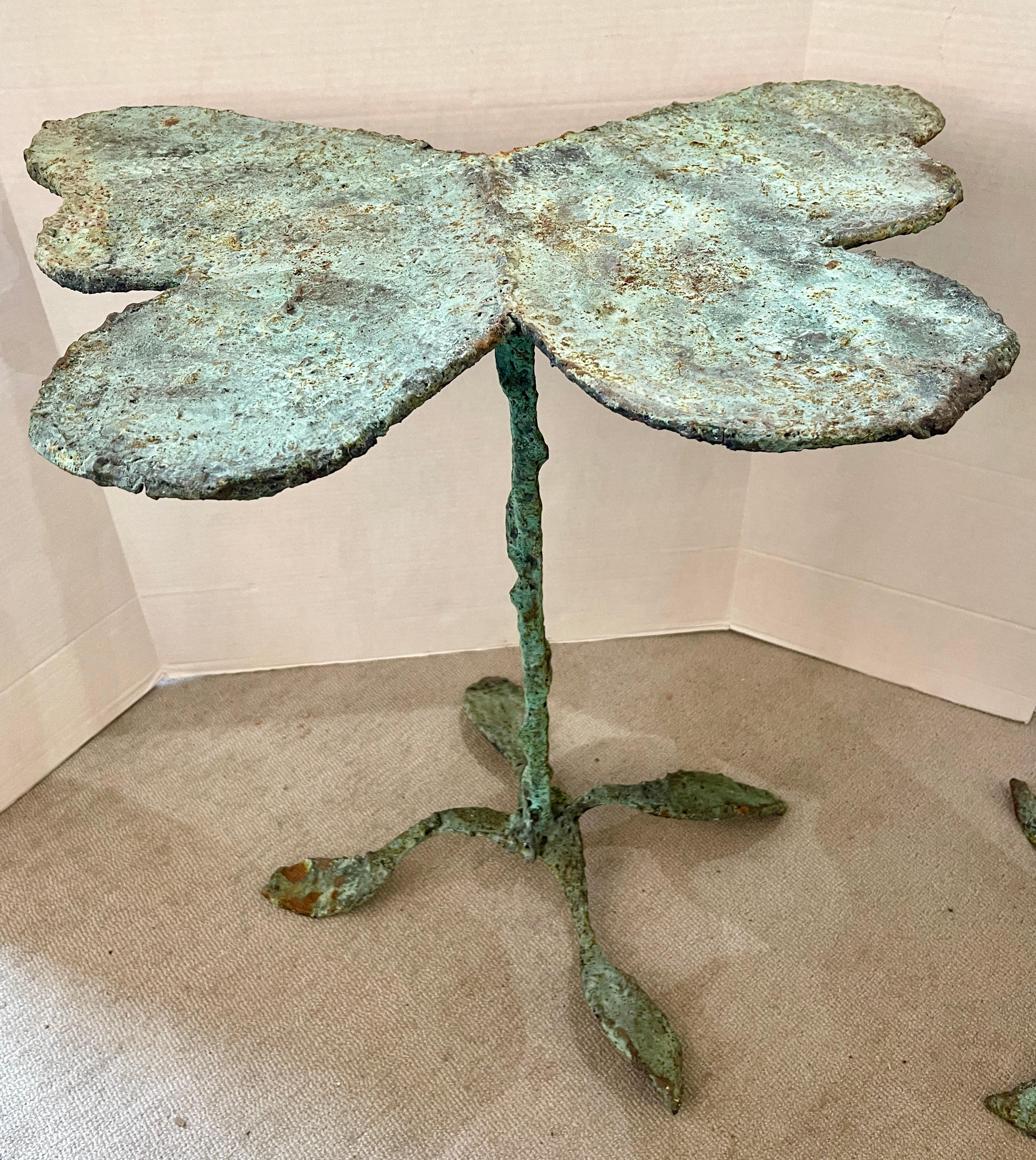 Just in this great looking  Pair Artist Made Brutalist Style Bronze Butterfly Tables with a Verdigris finish.
These tables are quite unique, made in the US early 21st century
They stand on a a central tripod base,
Signed by the artist.
Original