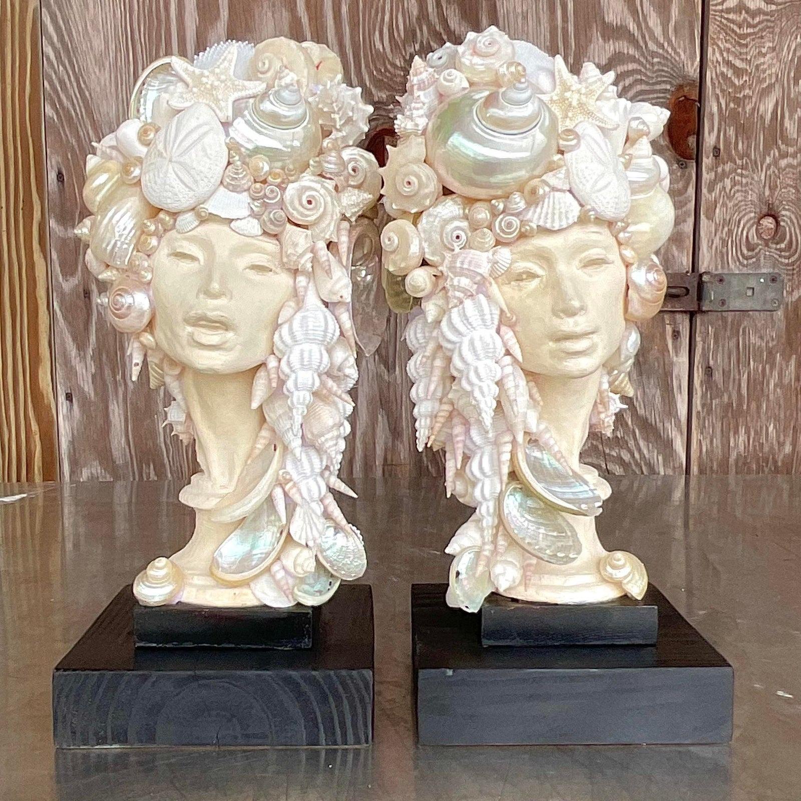 North American Early 21st Century Coastal Shell Bust of Women - a Pair For Sale