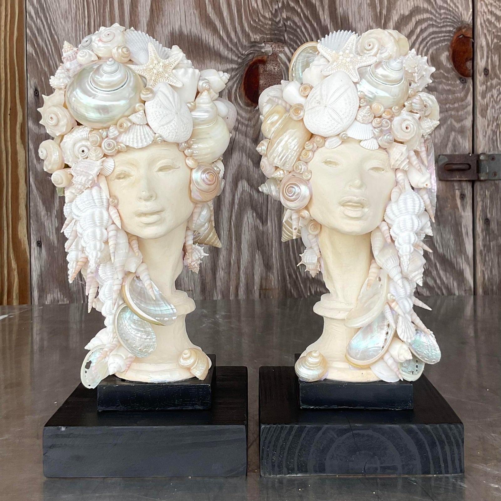 Early 21st Century Coastal Shell Bust of Women - a Pair In Good Condition For Sale In west palm beach, FL