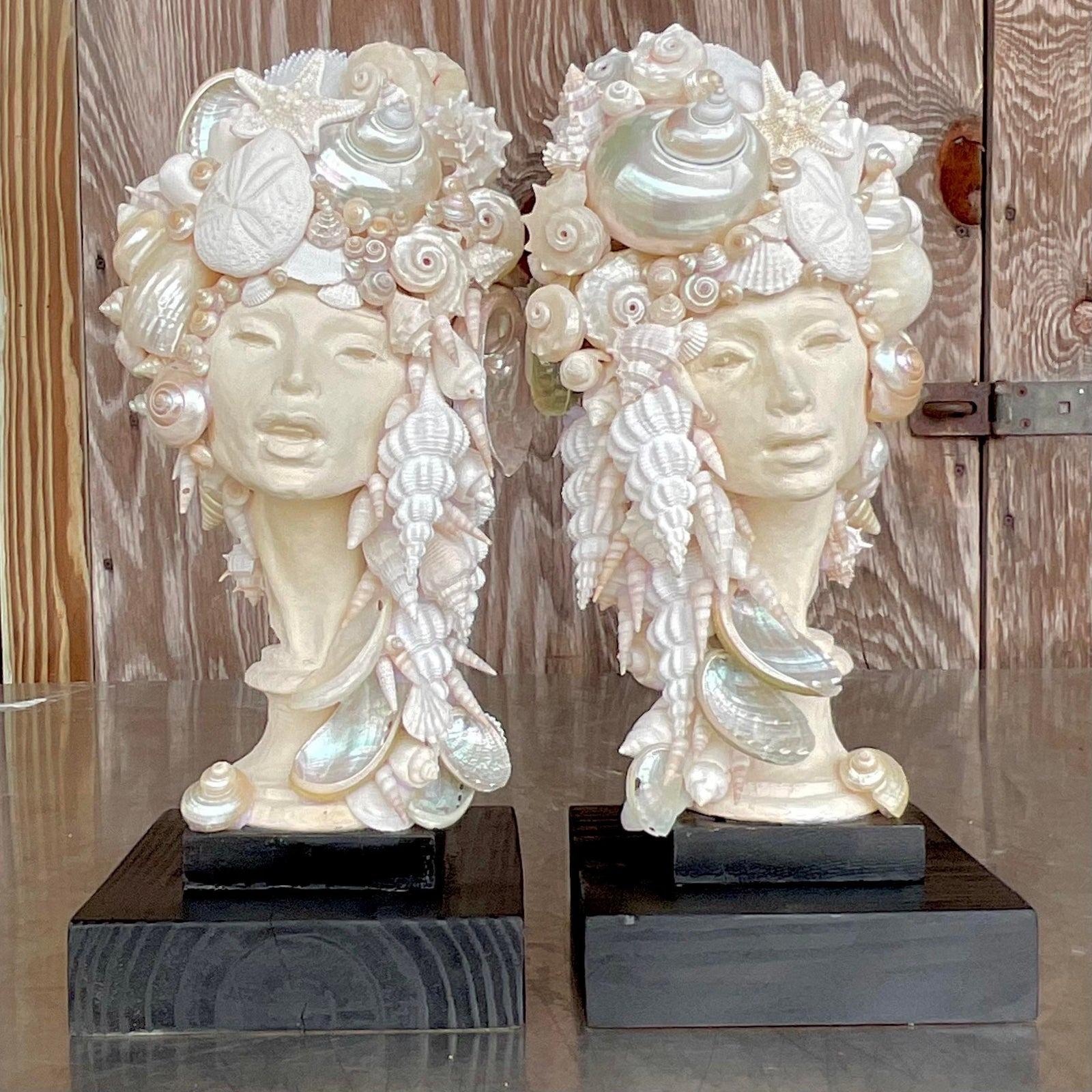 Early 21st Century Coastal Shell Bust of Women - a Pair For Sale 1