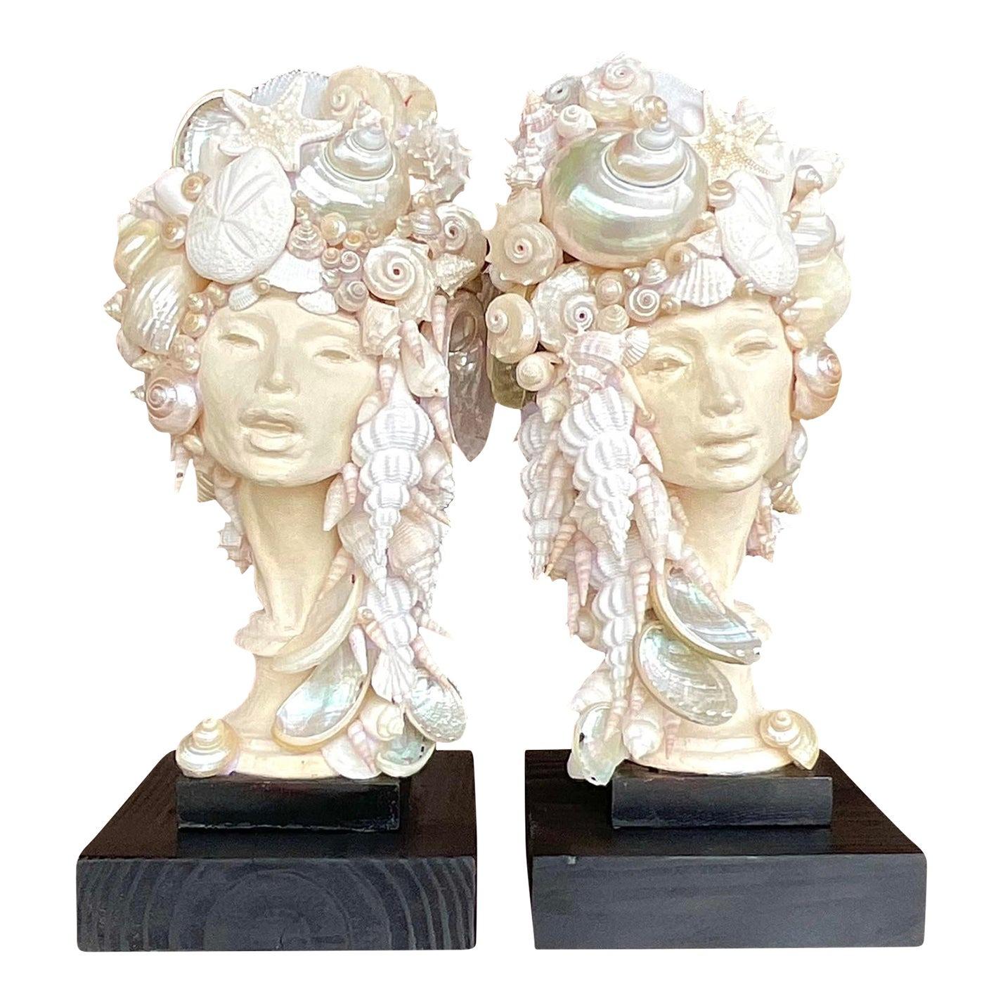 Early 21st Century Coastal Shell Bust of Women - a Pair
